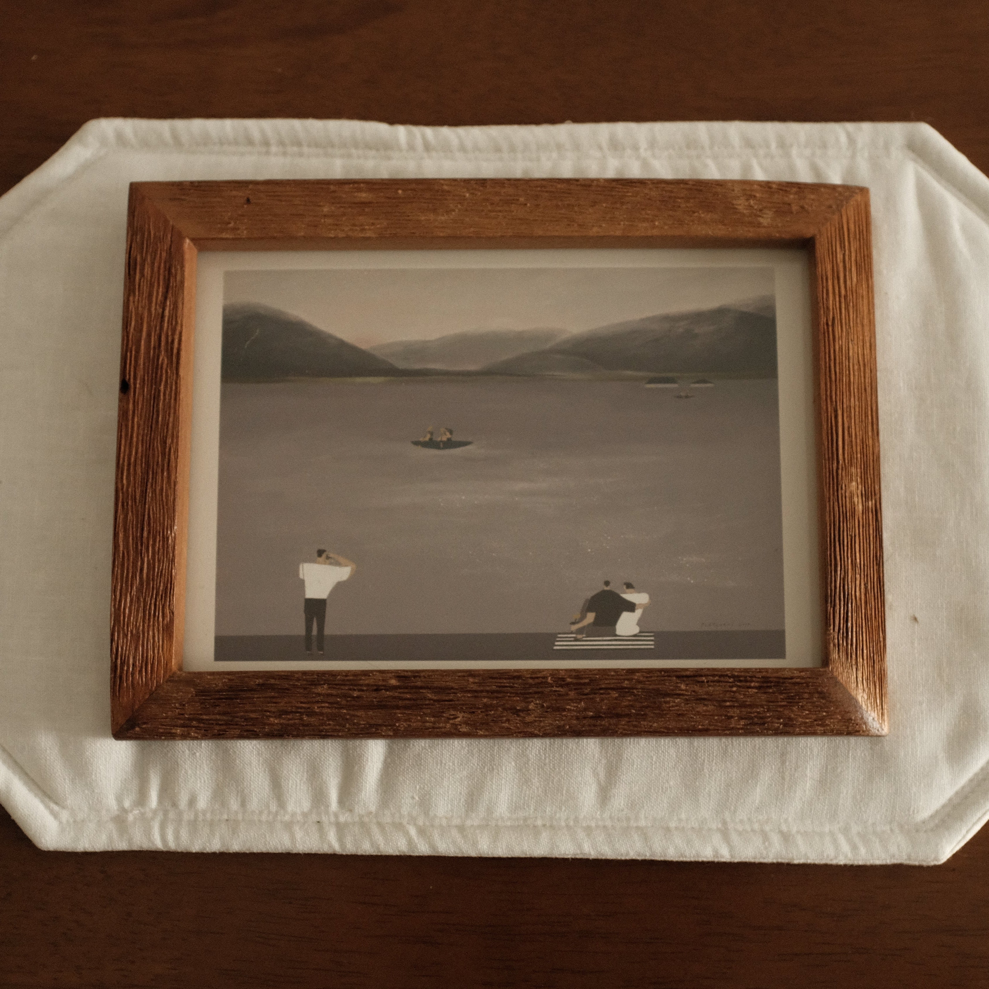 Teak Wood Framed Leisure by the Lake black and white photograph of a landscape with two figures on a wooden surface.