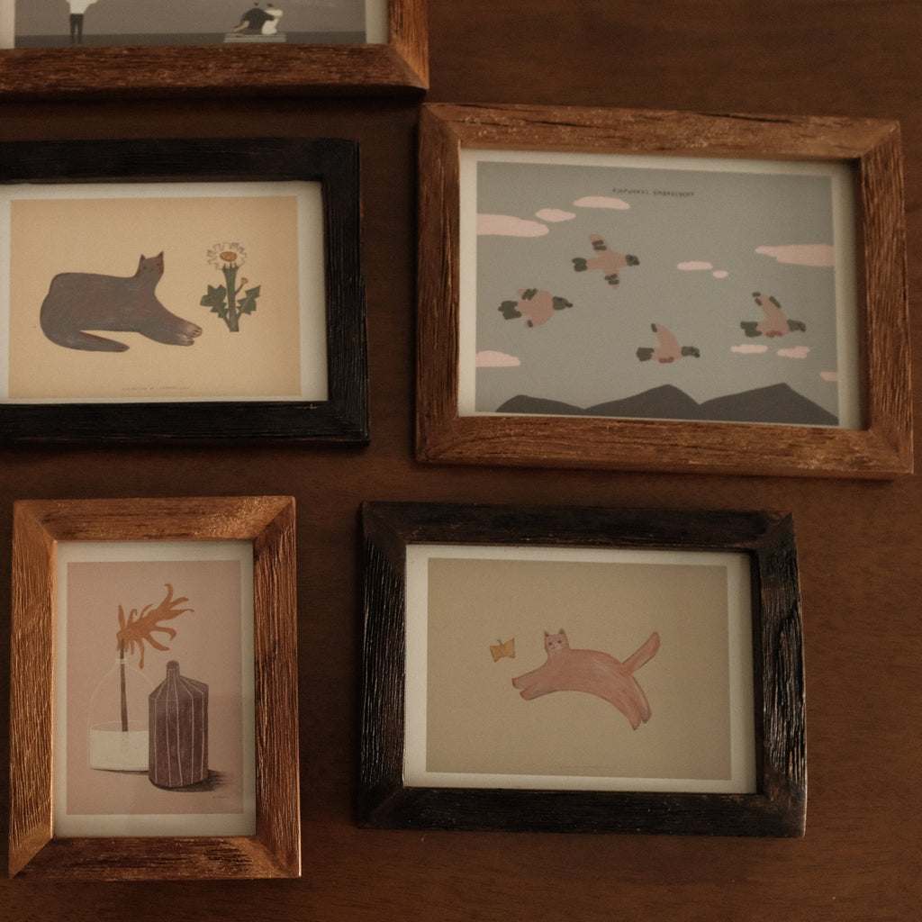 Collection of framed illustrations on a wooden wall