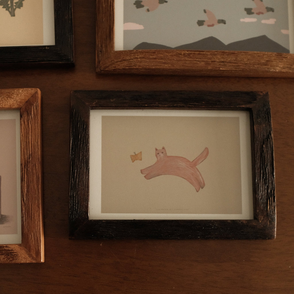 Petites Histoires Vintage Aged Teak Wood Photo Frame Pink Cat Chasing Pink Butterfly