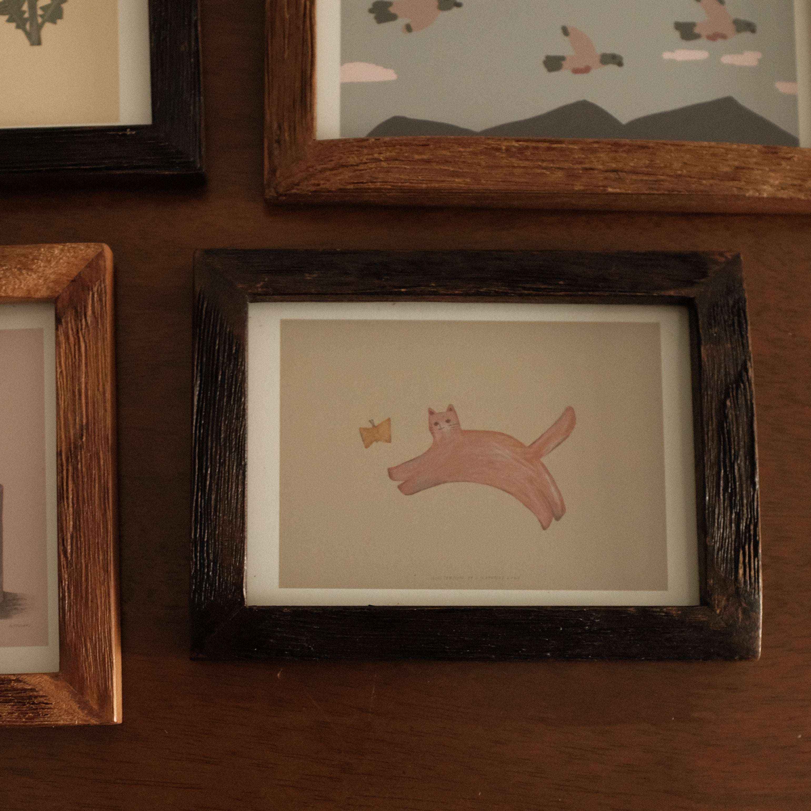 Petites Histoires Vintage Aged Teak Wood Photo Frame Pink Cat Chasing Pink Butterfly