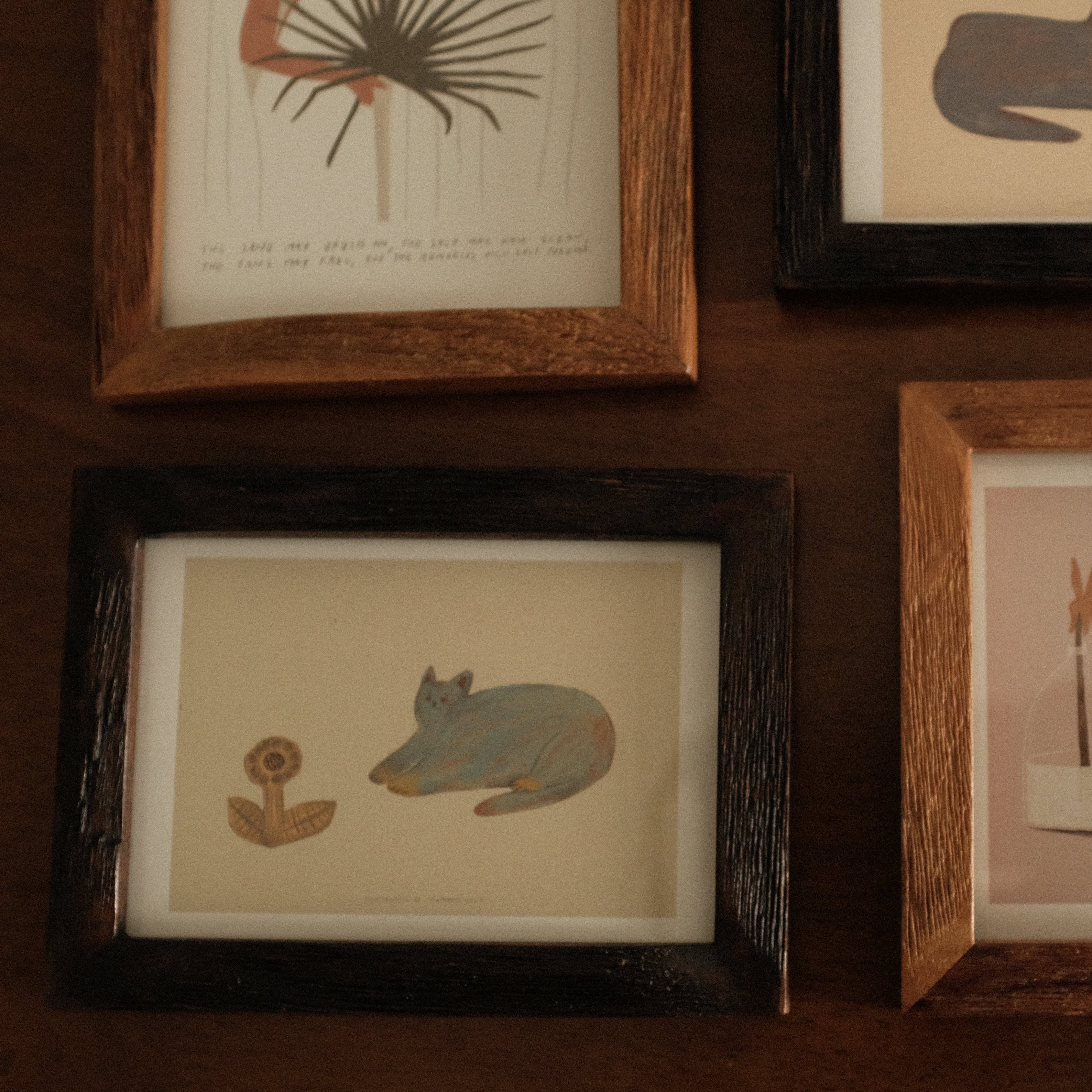 Petites Histoires Vintage Aged Teak Wood Photo Frame Blue Cat with Yellow Sunflower