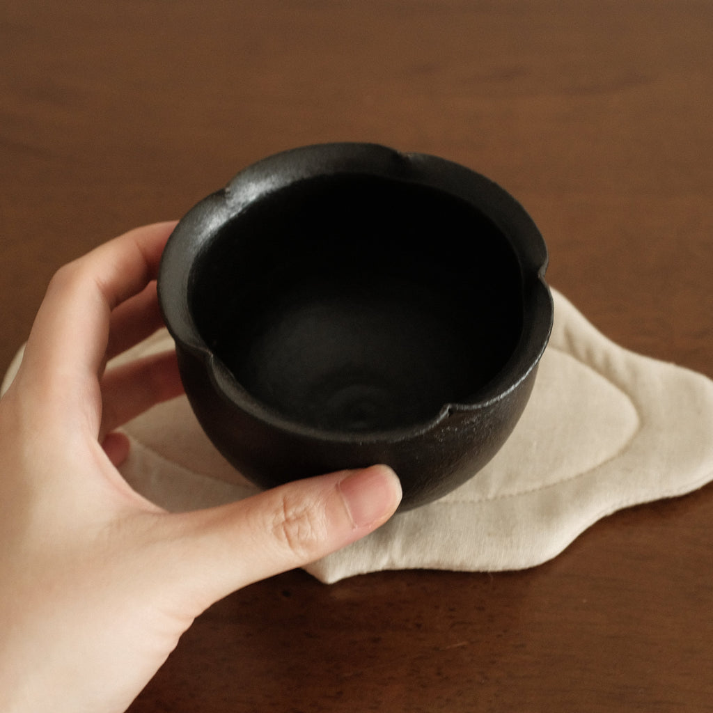 Yuli Handmade Ebony Black Floral Rim Cup Black Glaze Underglazed Stoneware