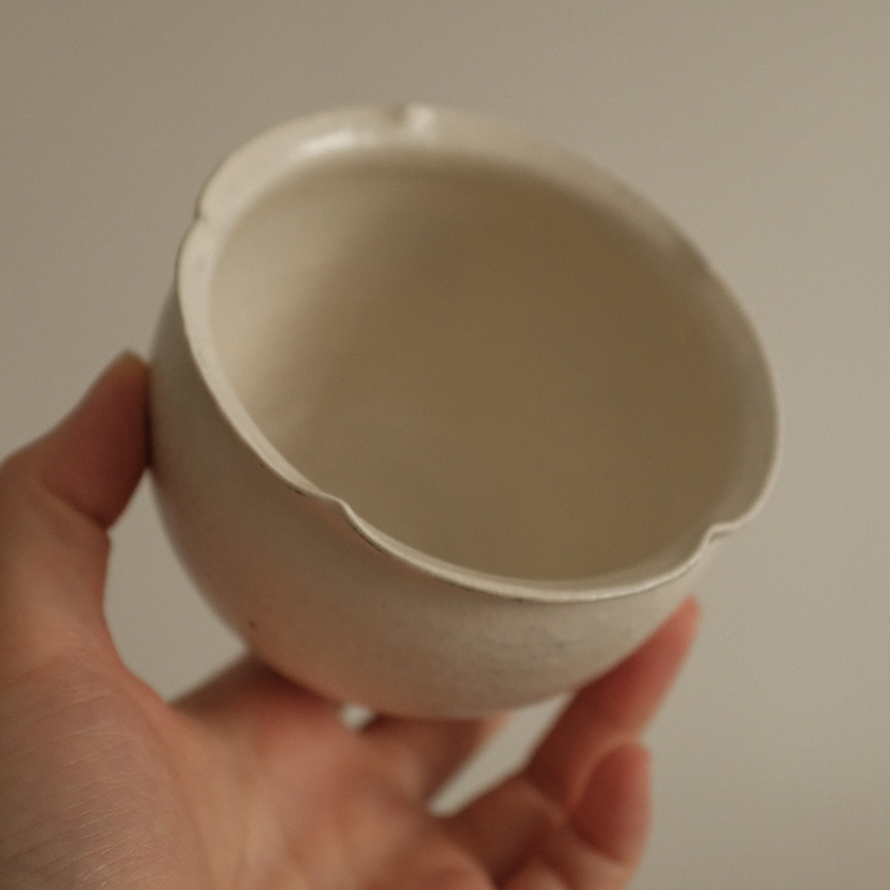 Hand holding a ceramic floral rim cup against a neutral background
