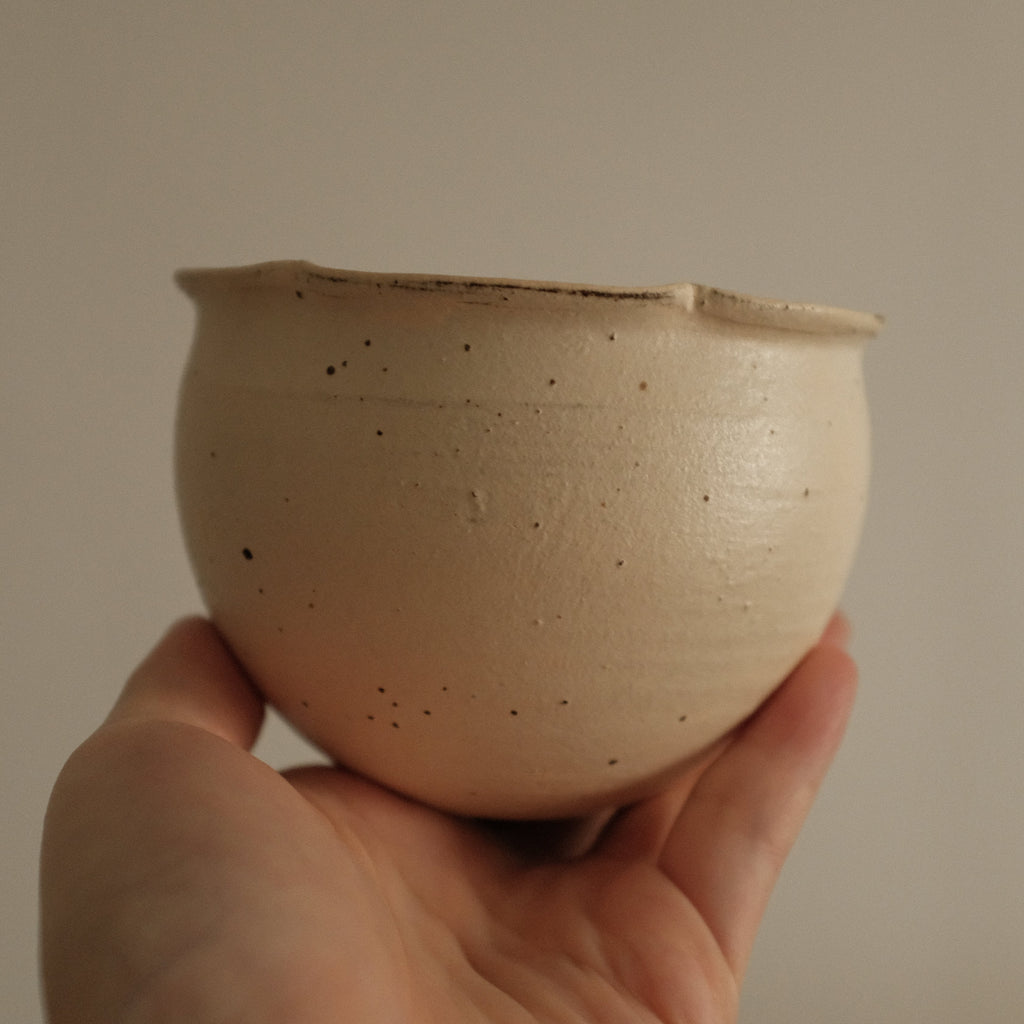 Yuli Handmade Floral Rim Cup Antique Style Speckled Ivory Mellow Yellow Powdered Glaze Underglaze Stoneware