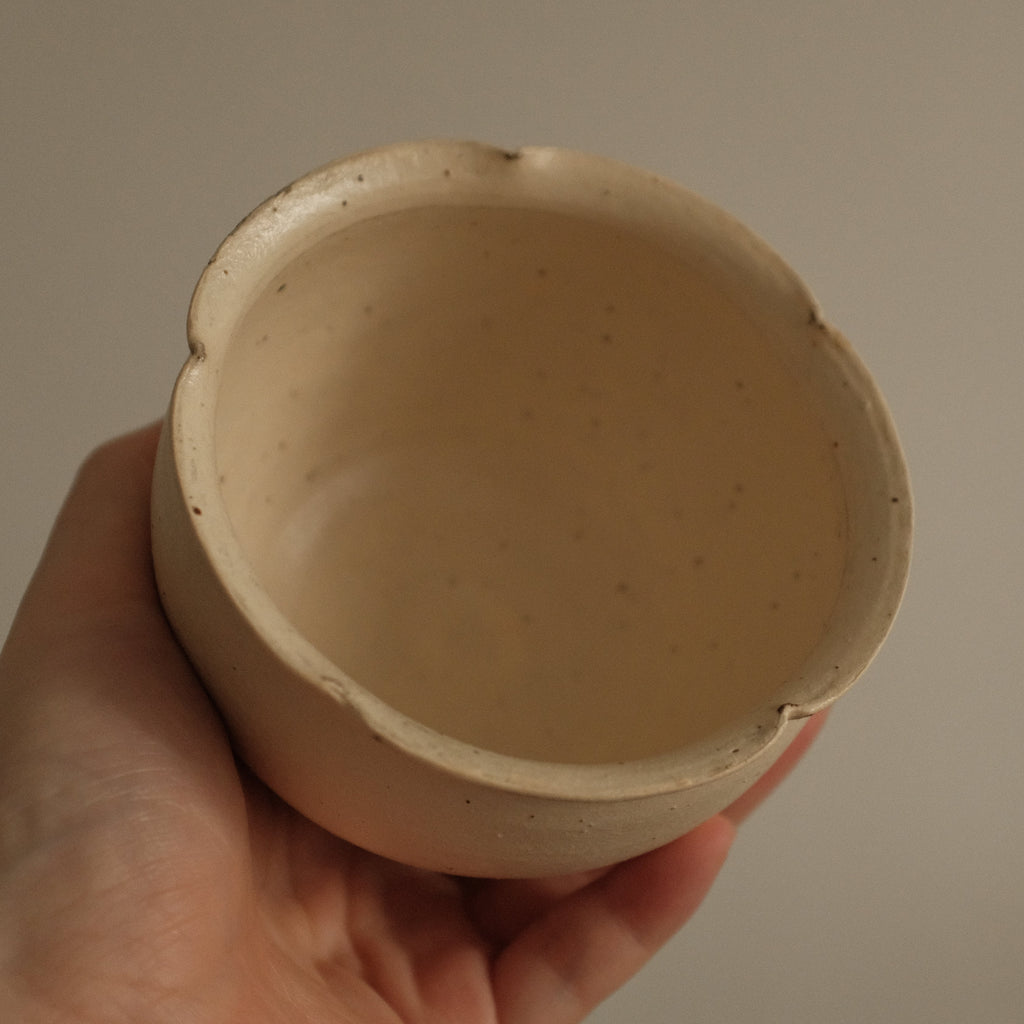 Yuli Handmade Antique Style Speckled Beige Mellow Yellow Floral Rim Cup Powdered Glaze Underglazed Stoneware