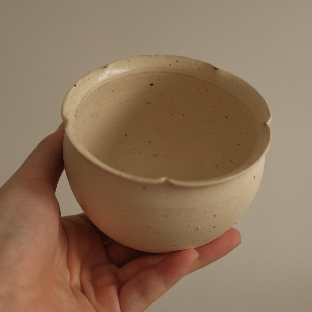 Yuli Handmade Floral Rim Cup Antique Style Speckled Ivory Mellow Yellow Powdered Glaze Underglaze Stoneware