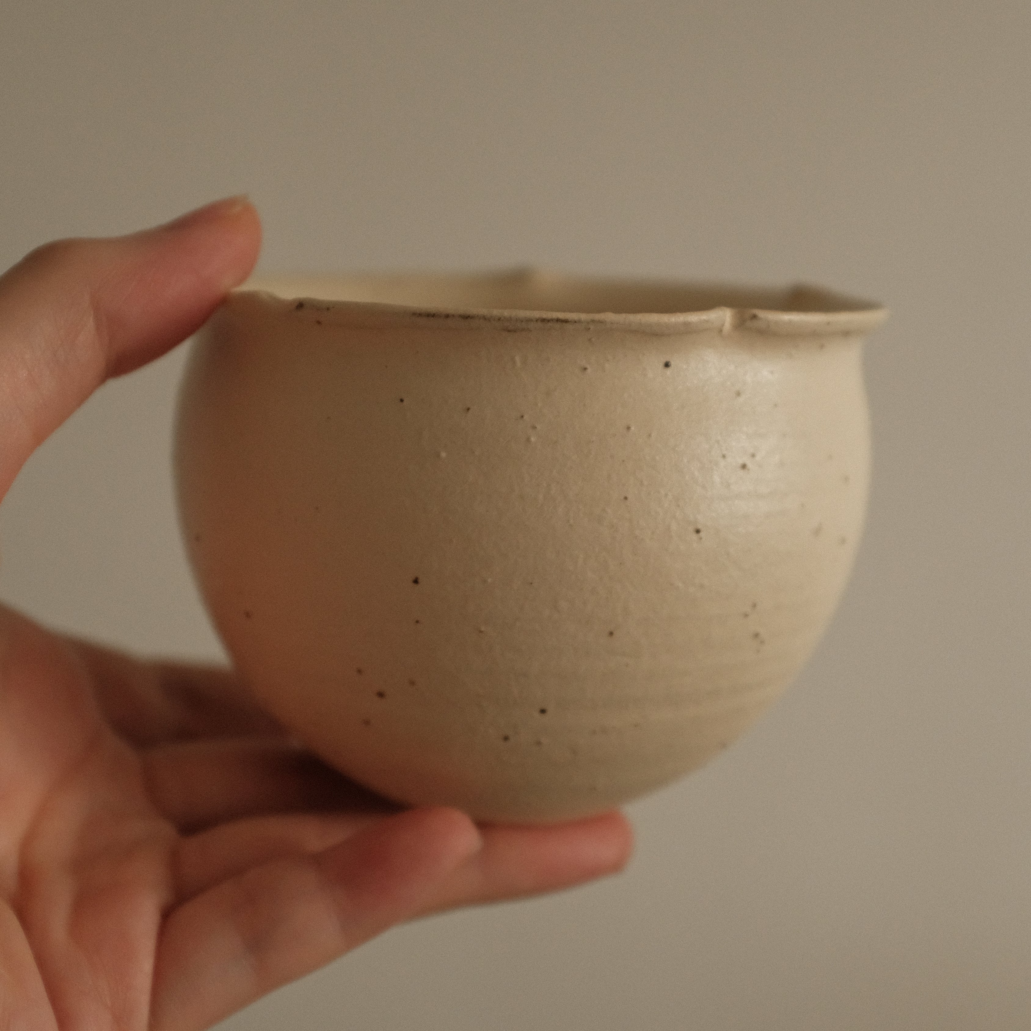 Yuli Handmade Antique Style Speckled Beige Mellow Yellow Floral Rim Cup Powdered Glaze Underglazed Stoneware