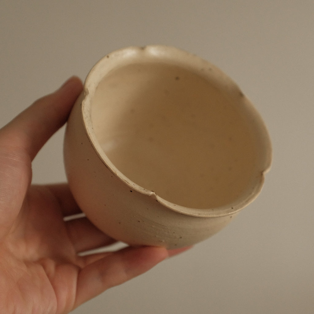 Yuli Handmade Antique Style Speckled Beige Mellow Yellow Floral Rim Cup Powdered Glaze Underglazed Stoneware