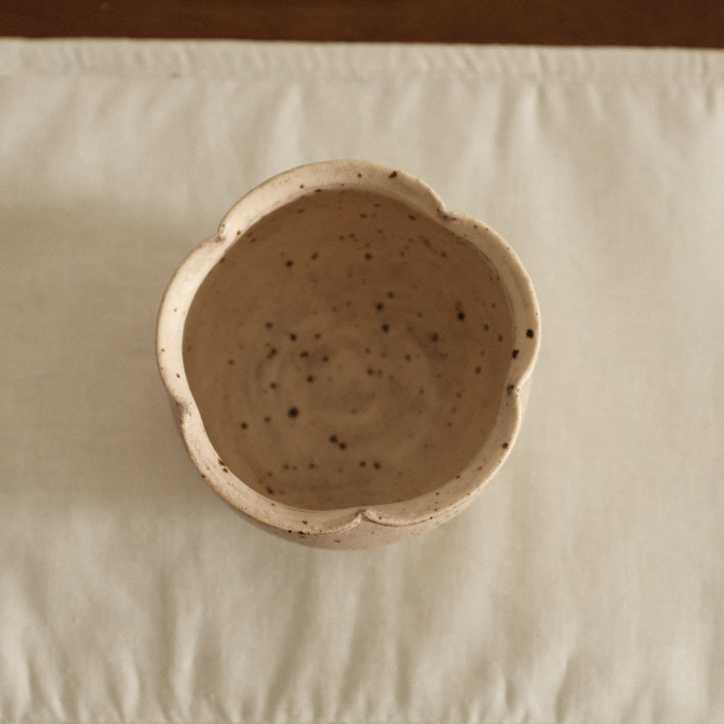 Yuli Handmade Antique Style Speckled Grey Beige Floral Rim Cup Powdered Glaze Underglaze Stoneware