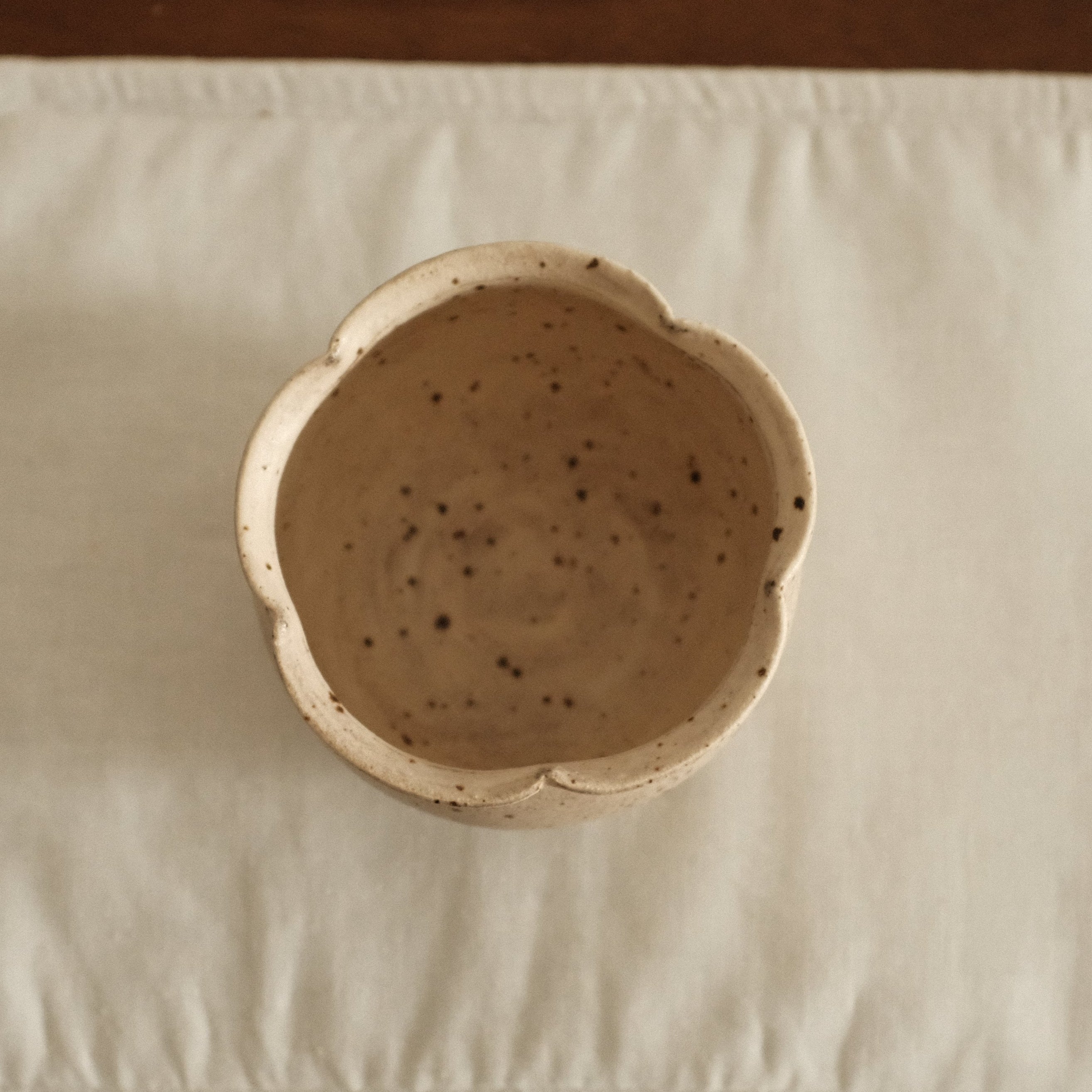 Yuli Handmade Antique Style Speckled Grey Beige Floral Rim Cup Powdered Glaze Underglaze Stoneware