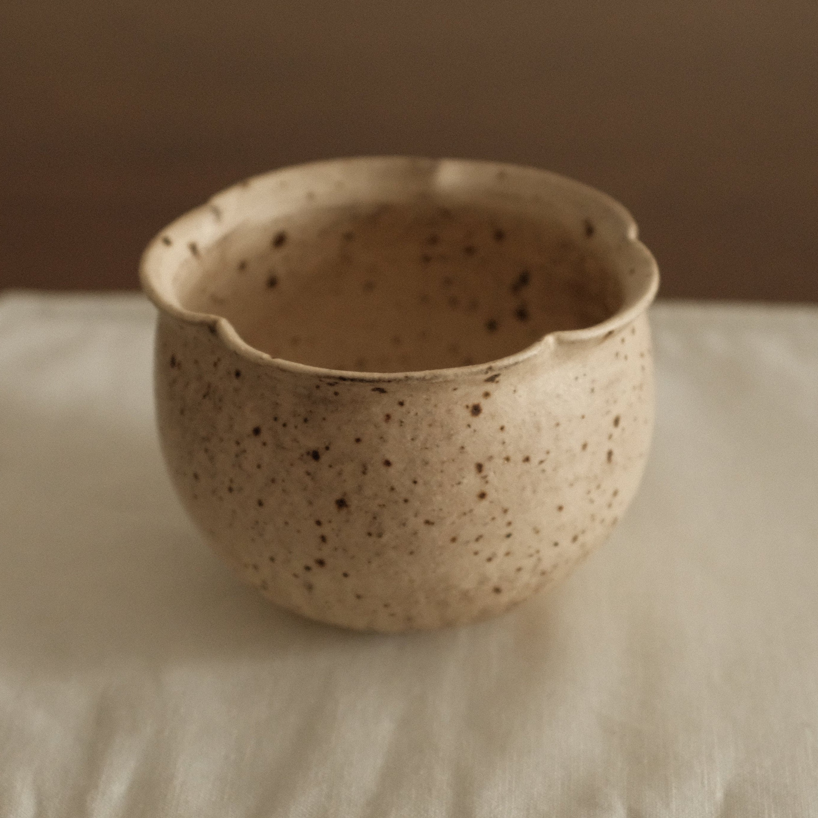 Yuli Handmade Antique Style Speckled Grey Beige Floral Rim Cup Powdered Glaze Underglaze Stoneware