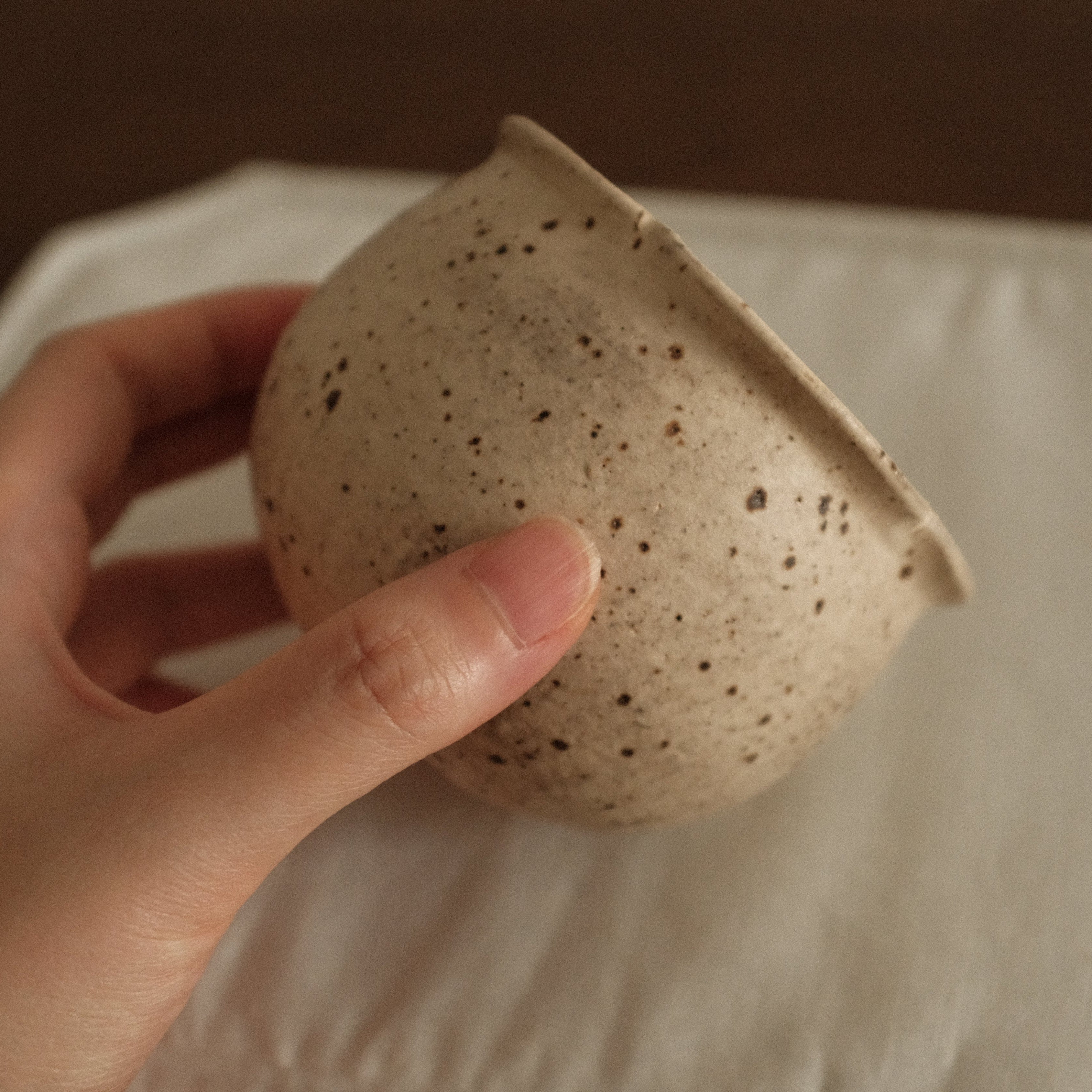 Yuli Handmade Antique Style Speckled Grey Beige Floral Rim Cup Powdered Glaze Underglaze Stoneware