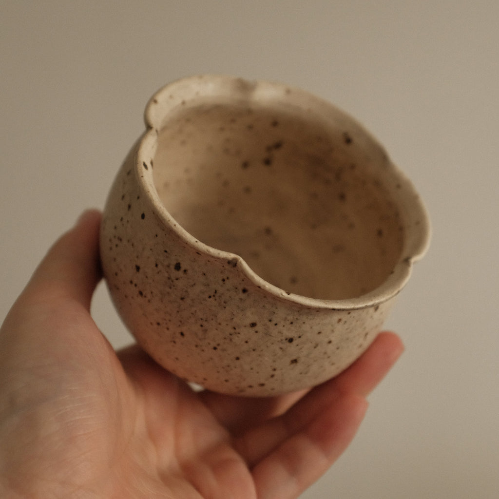 Yuli Handmade Antique Style Speckled Grey Beige Floral Rim Cup Powdered Glaze Underglaze Stoneware
