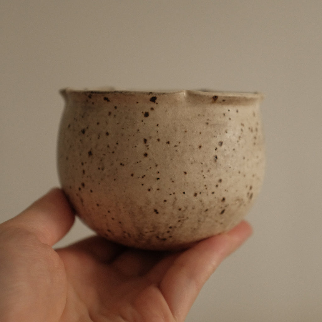 Yuli Handmade Antique Style Speckled Grey Beige Floral Rim Cup Powdered Glaze Underglaze Stoneware