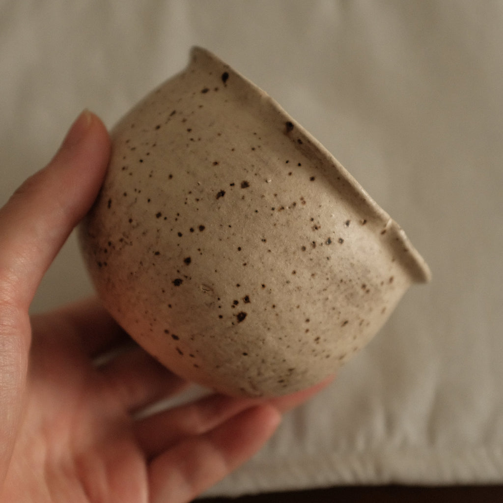 Yuli Handmade Antique Style Speckled Grey Beige Floral Rim Cup Powdered Glaze Underglaze Stoneware