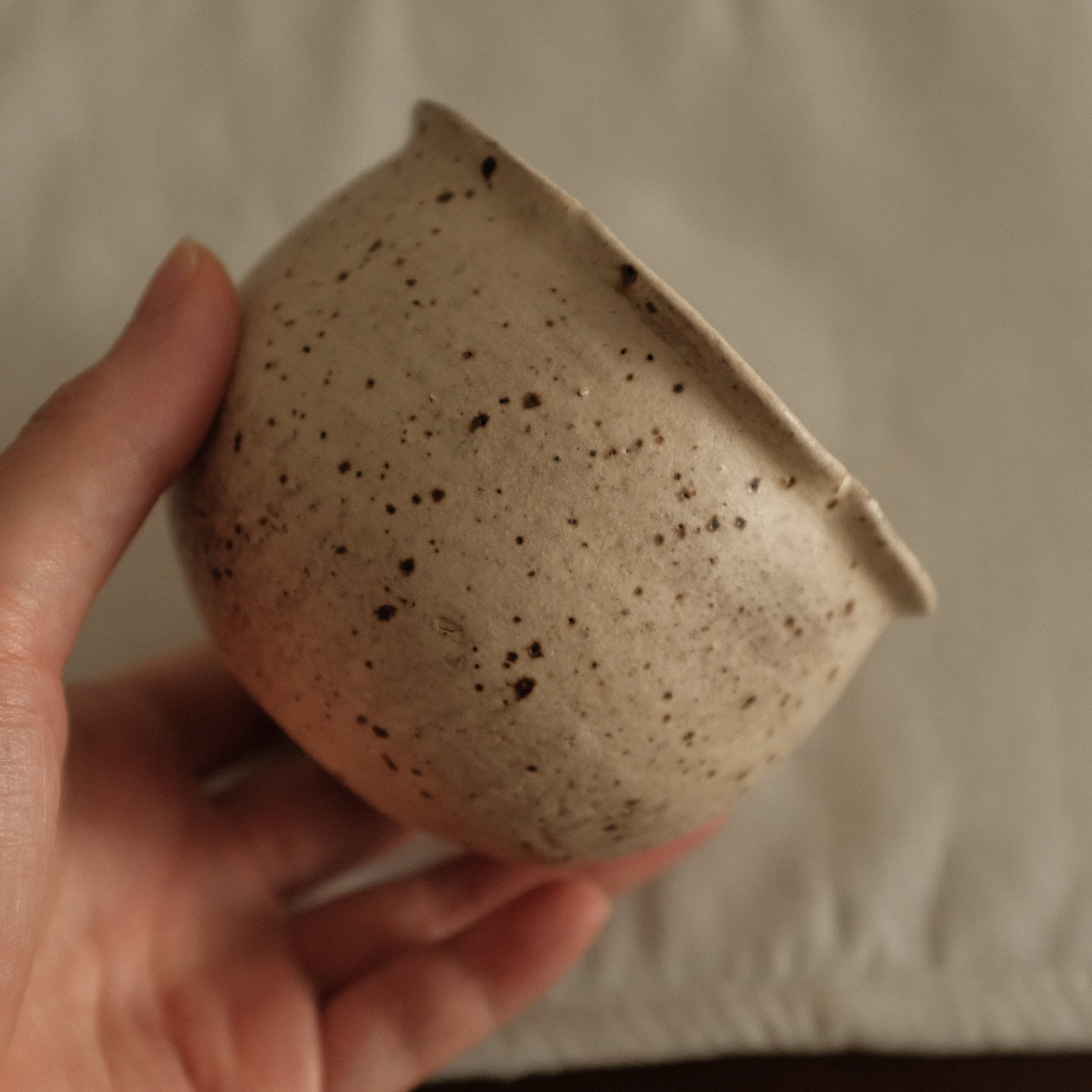 Yuli Handmade Antique Style Speckled Grey Beige Floral Rim Cup Powdered Glaze Underglaze Stoneware