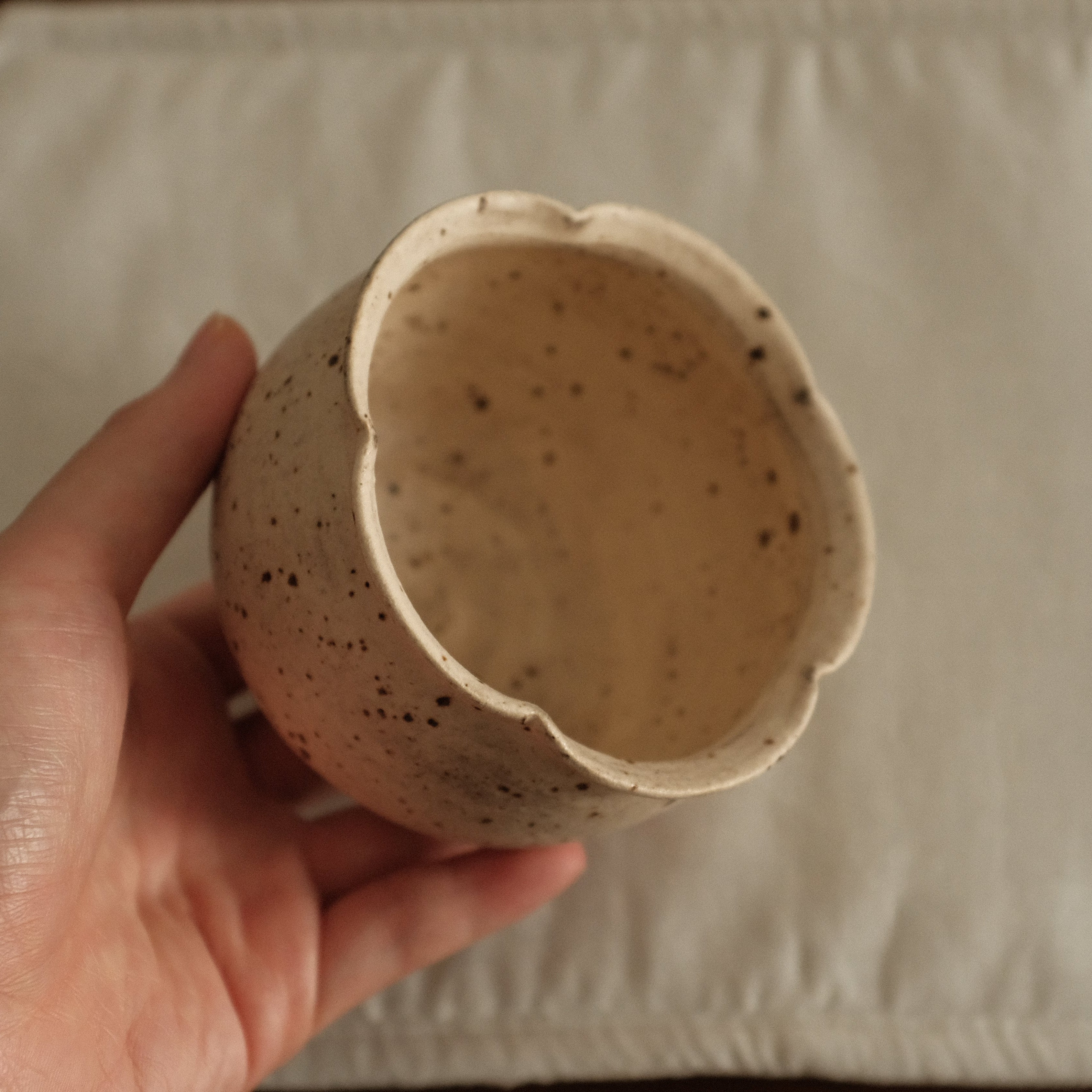 Yuli Handmade Antique Style Speckled Grey Beige Floral Rim Cup Powdered Glaze Underglaze Stoneware