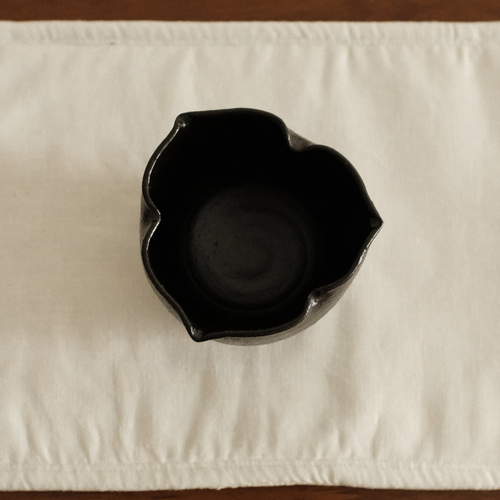 Yuli Handmade Ebony Black Three Petals Floral Rim Cup Black Glaze Underglazed Stoneware