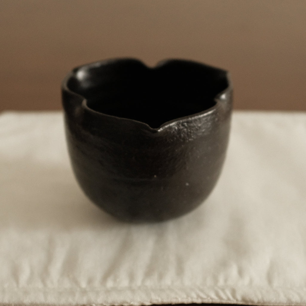 Yuli Handmade Ebony Black Three Petals Floral Rim Cup Black Glaze Underglazed Stoneware