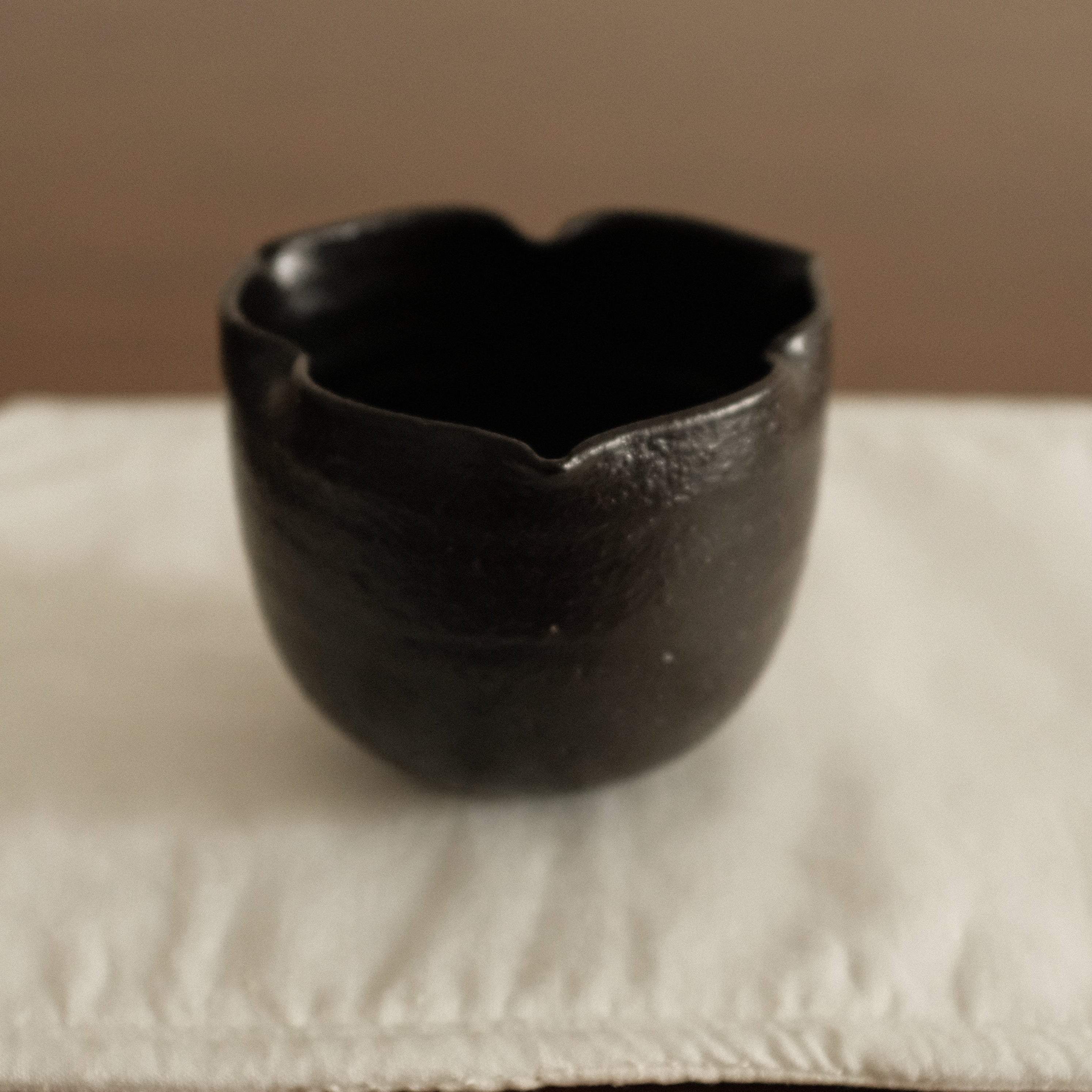 Yuli Handmade Ebony Black Three Petals Floral Rim Cup Black Glaze Underglazed Stoneware
