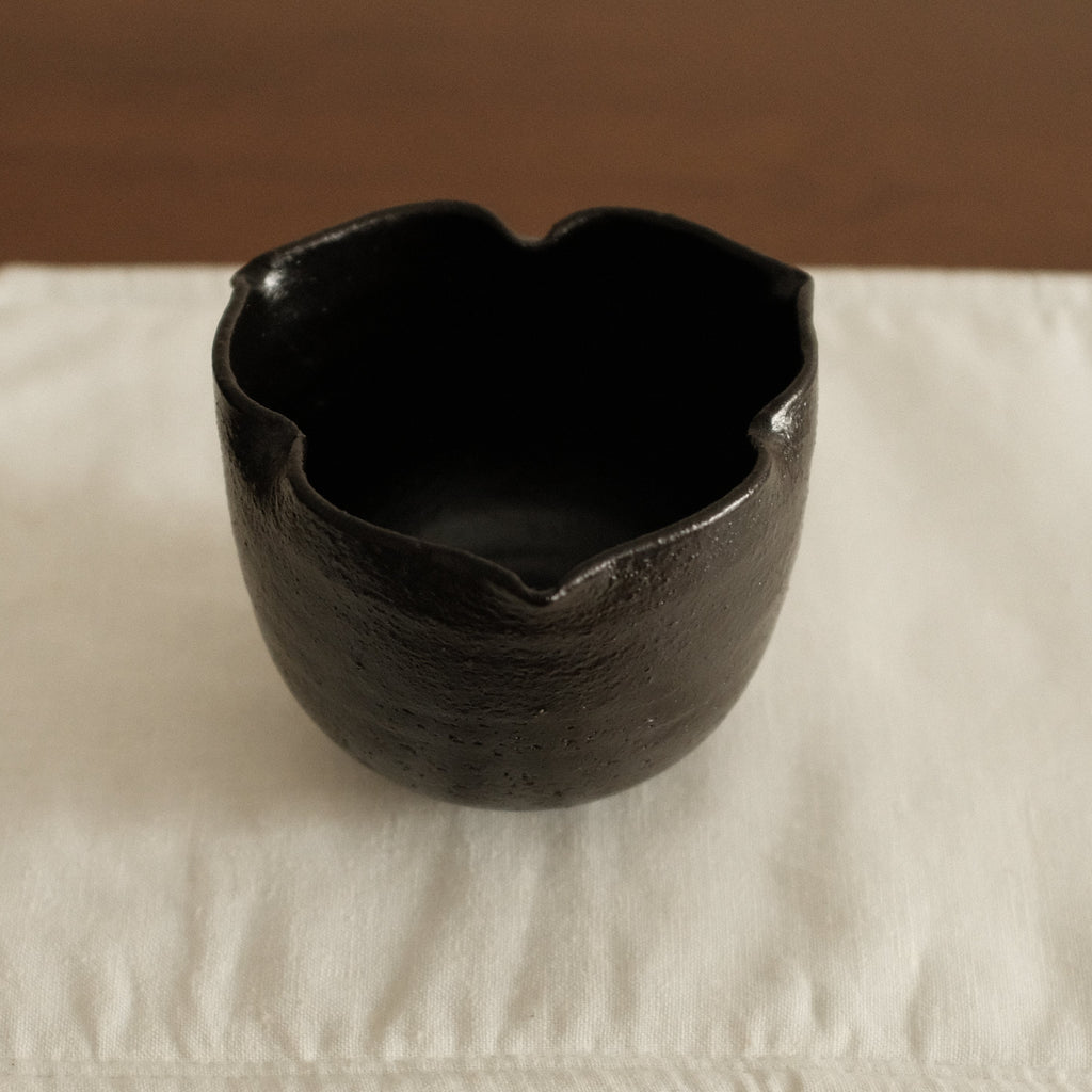 Yuli Handmade Ebony Black Three Petals Floral Rim Cup Black Glaze Underglazed Stoneware
