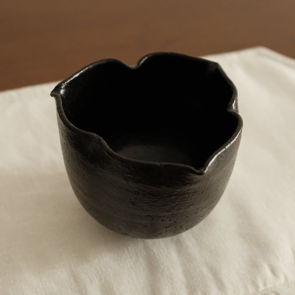 Yuli Handmade Ebony Black Three Petals Floral Rim Cup Black Glaze Underglazed Stoneware