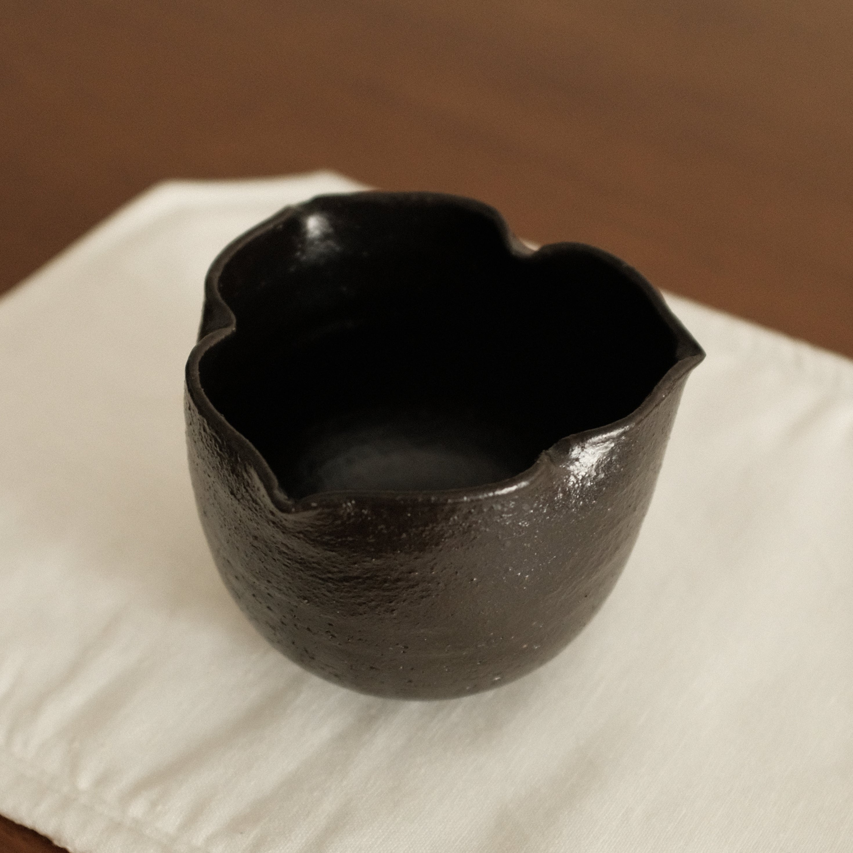 Yuli Handmade Ebony Black Three Petals Floral Rim Cup Black Glaze Underglazed Stoneware