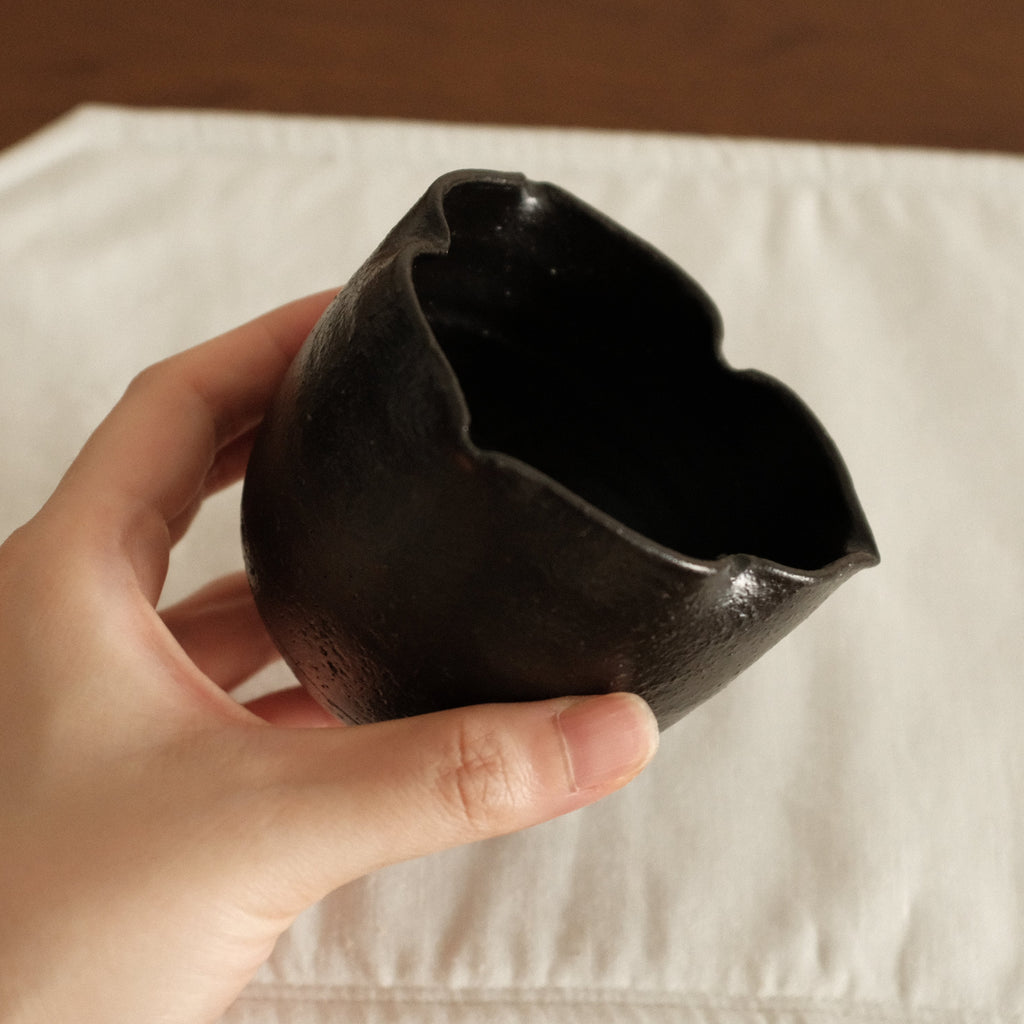 Yuli Handmade Ebony Black Three Petals Floral Rim Cup Black Glaze Underglazed Stoneware