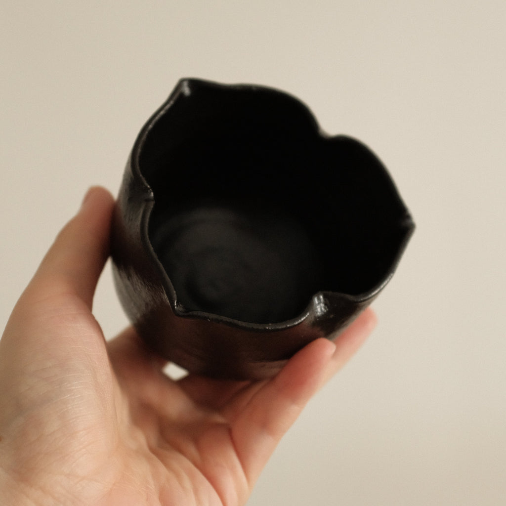 Yuli Handmade Ebony Black Three Petals Floral Rim Cup Black Glaze Underglazed Stoneware
