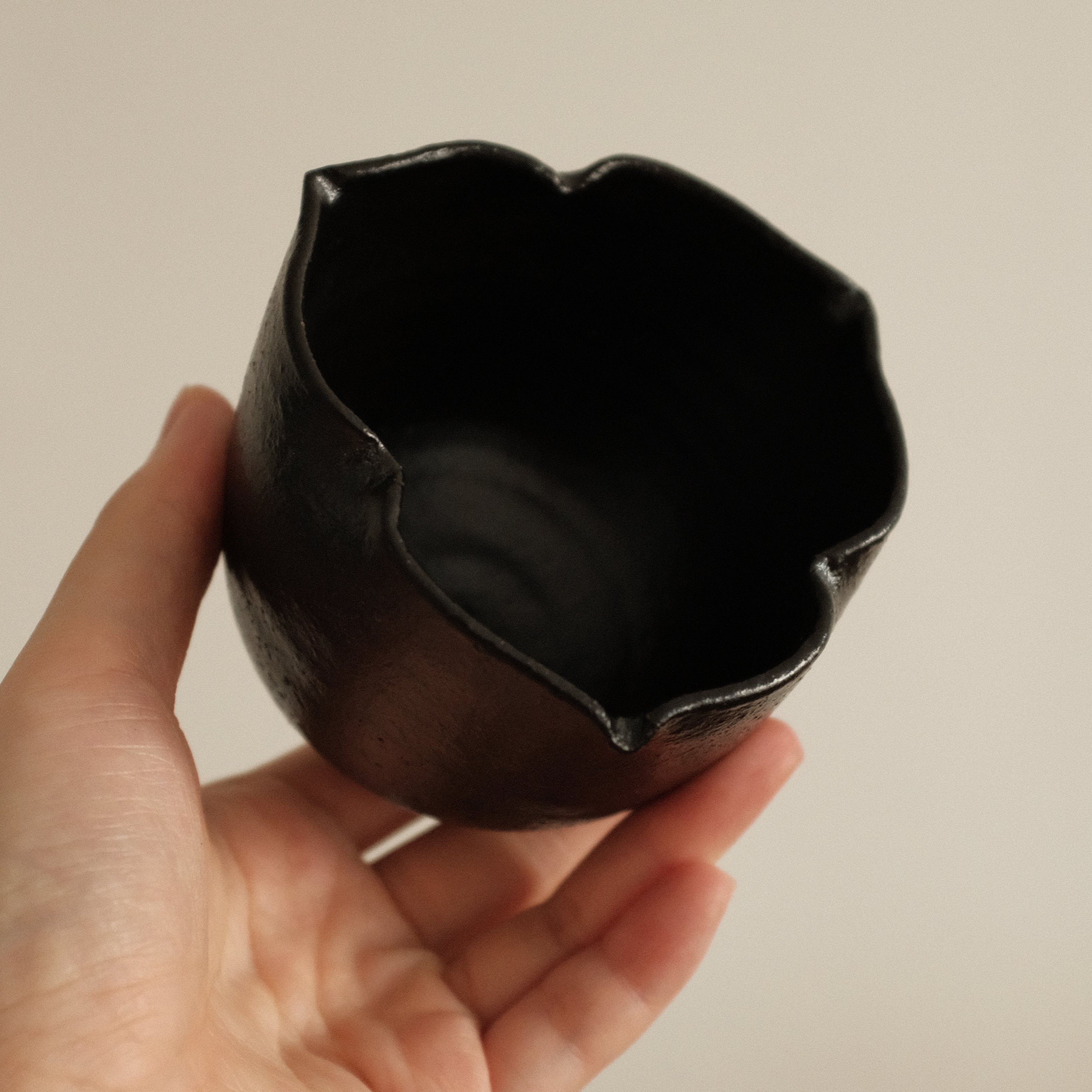 Yuli Handmade Ebony Black Three Petals Floral Rim Cup Black Glaze Underglazed Stoneware
