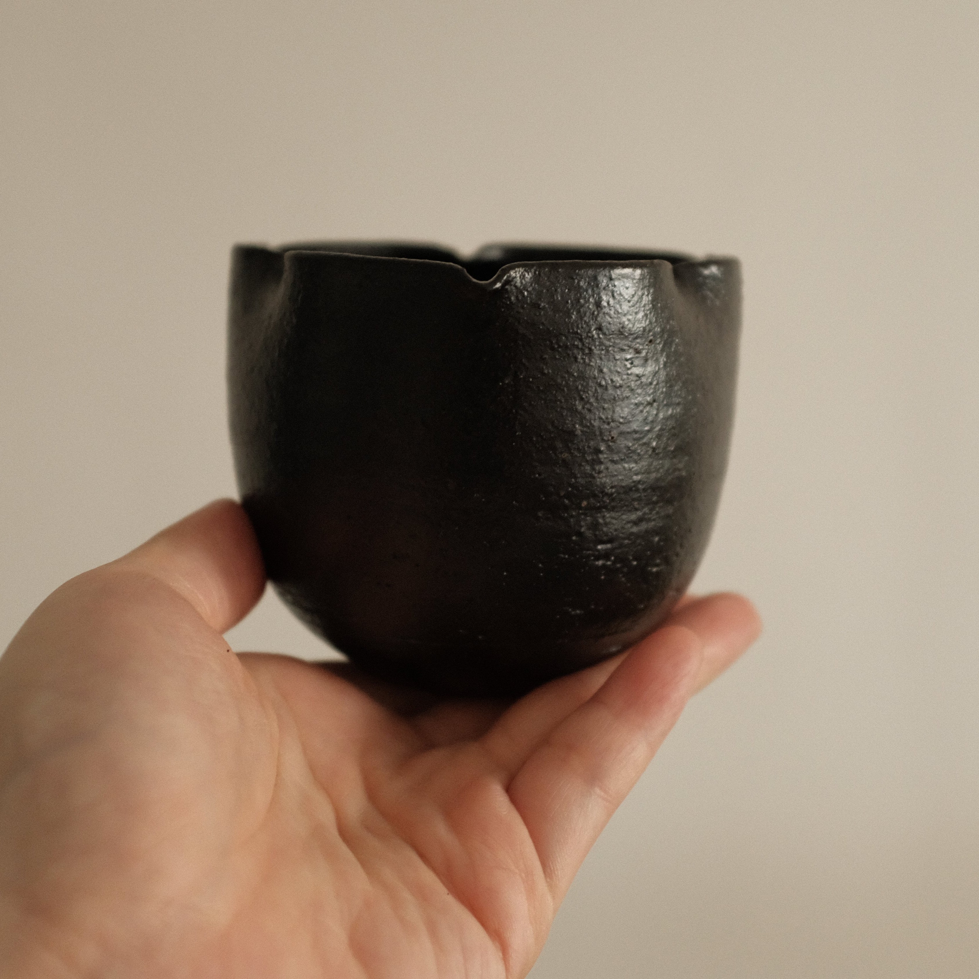 Yuli Handmade Ebony Black Three Petals Floral Rim Cup Black Glaze Underglazed Stoneware