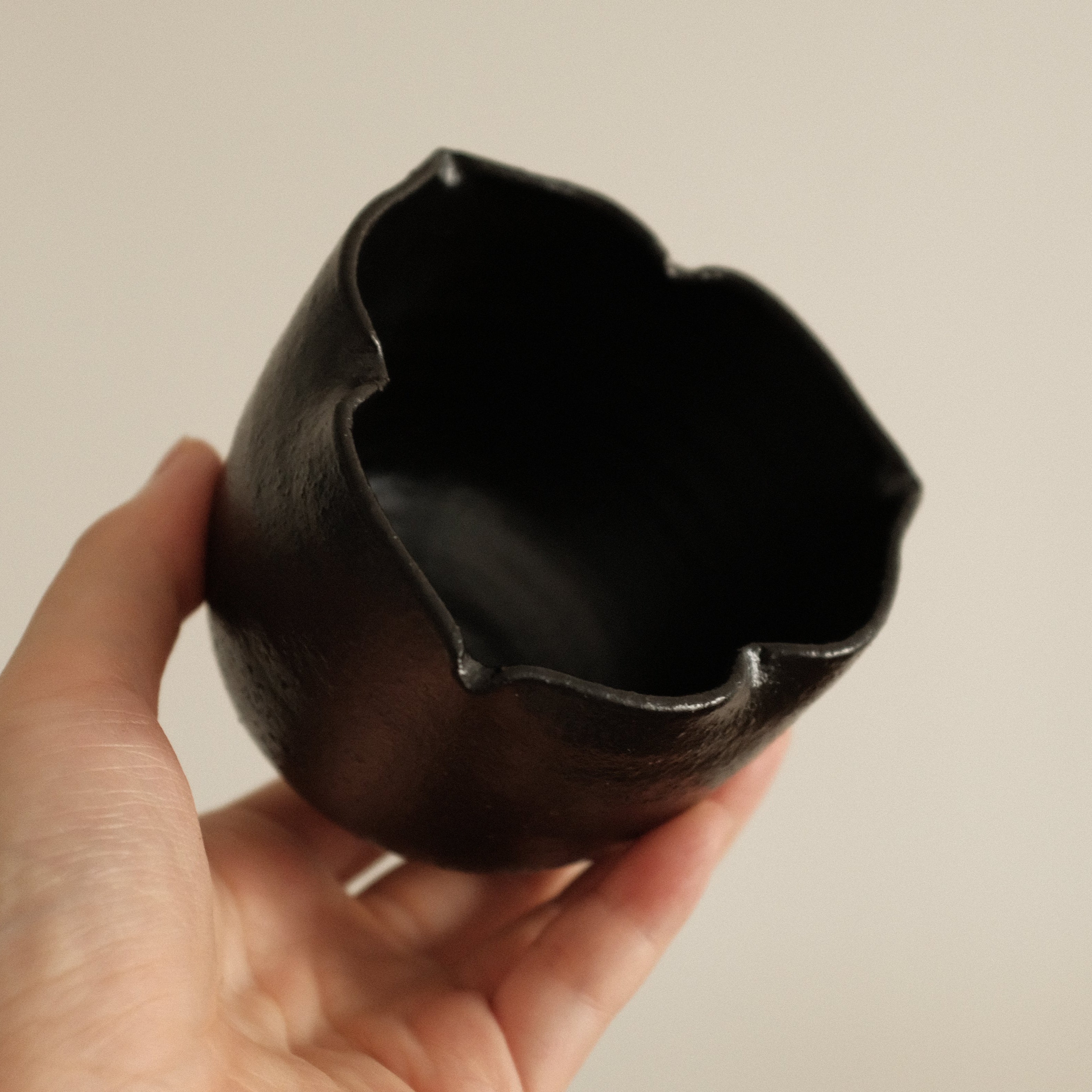 Yuli Handmade Ebony Black Three Petals Floral Rim Cup Black Glaze Underglazed Stoneware