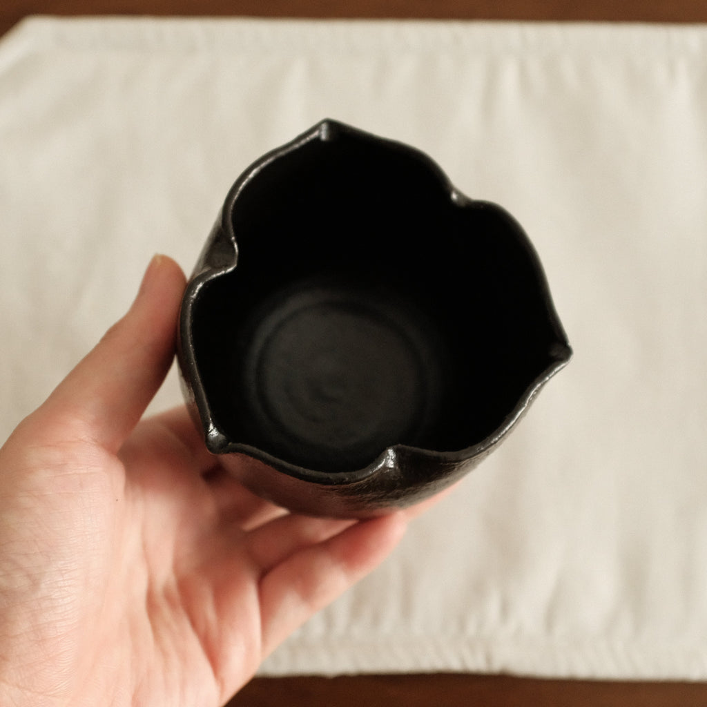 Yuli Handmade Ebony Black Three Petals Floral Rim Cup Black Glaze Underglazed Stoneware