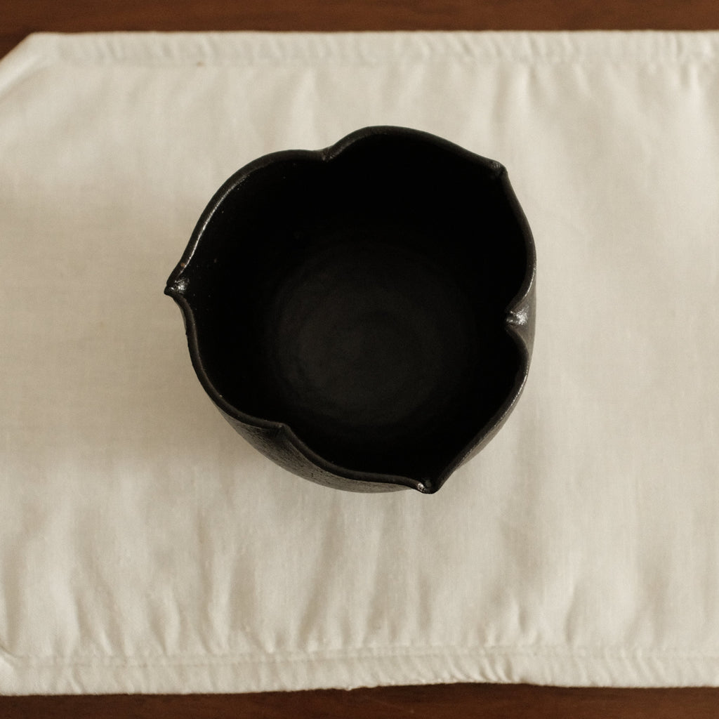Yuli Handmade Ebony Black Three Petals Floral Rim Cup Black Glaze Underglazed Stoneware