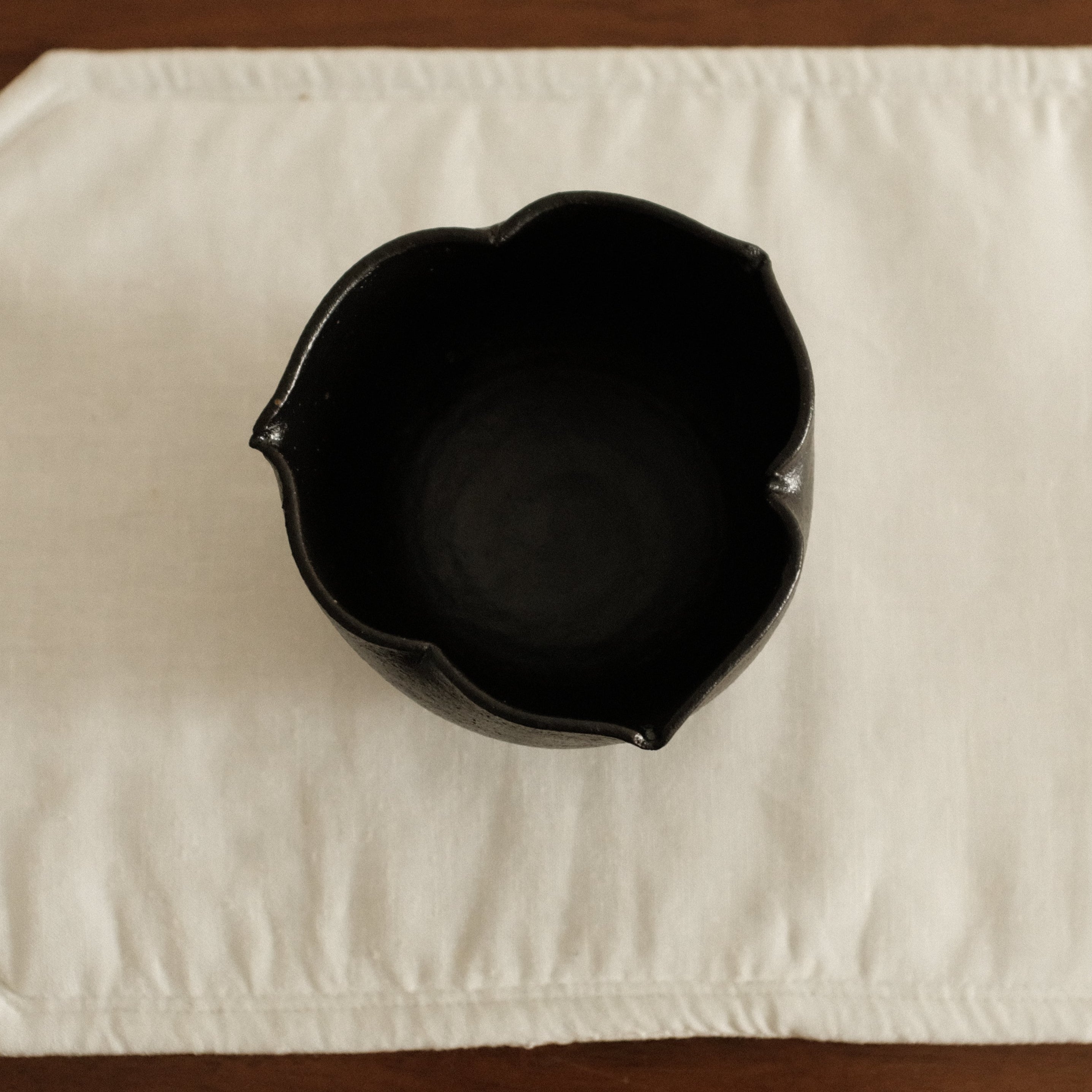 Yuli Handmade Ebony Black Three Petals Floral Rim Cup Black Glaze Underglazed Stoneware