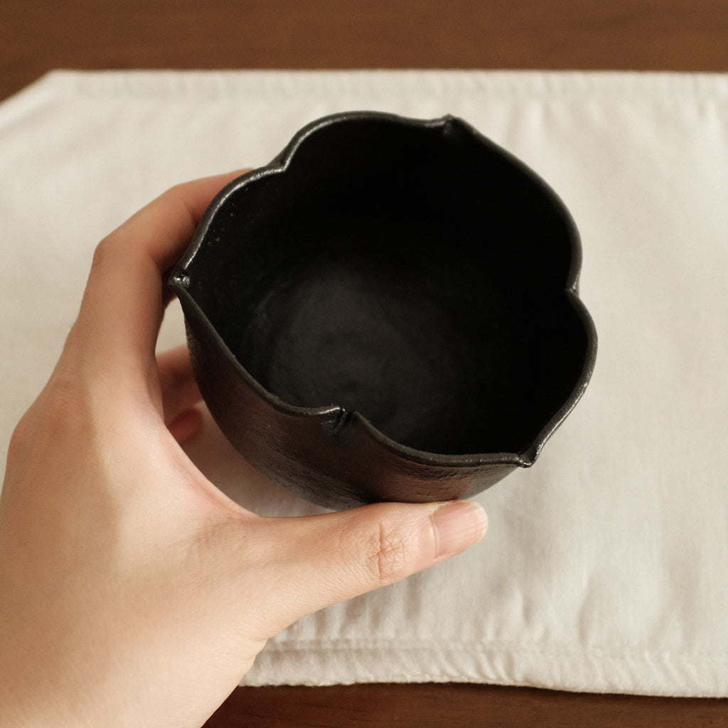 Yuli Handmade Ebony Black Three Petals Floral Rim Cup Black Glaze Underglazed Stoneware