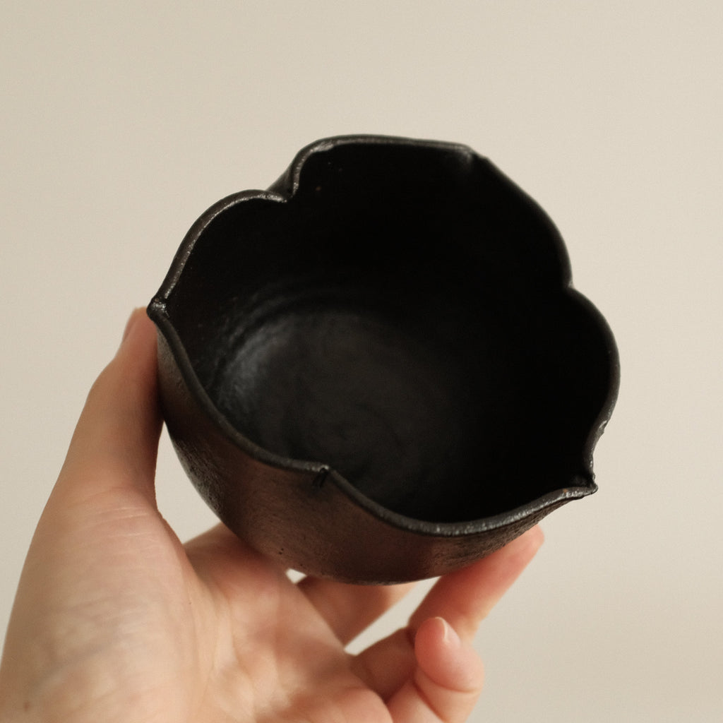 Yuli Handmade Ebony Black Three Petals Floral Rim Cup Black Glaze Underglazed Stoneware