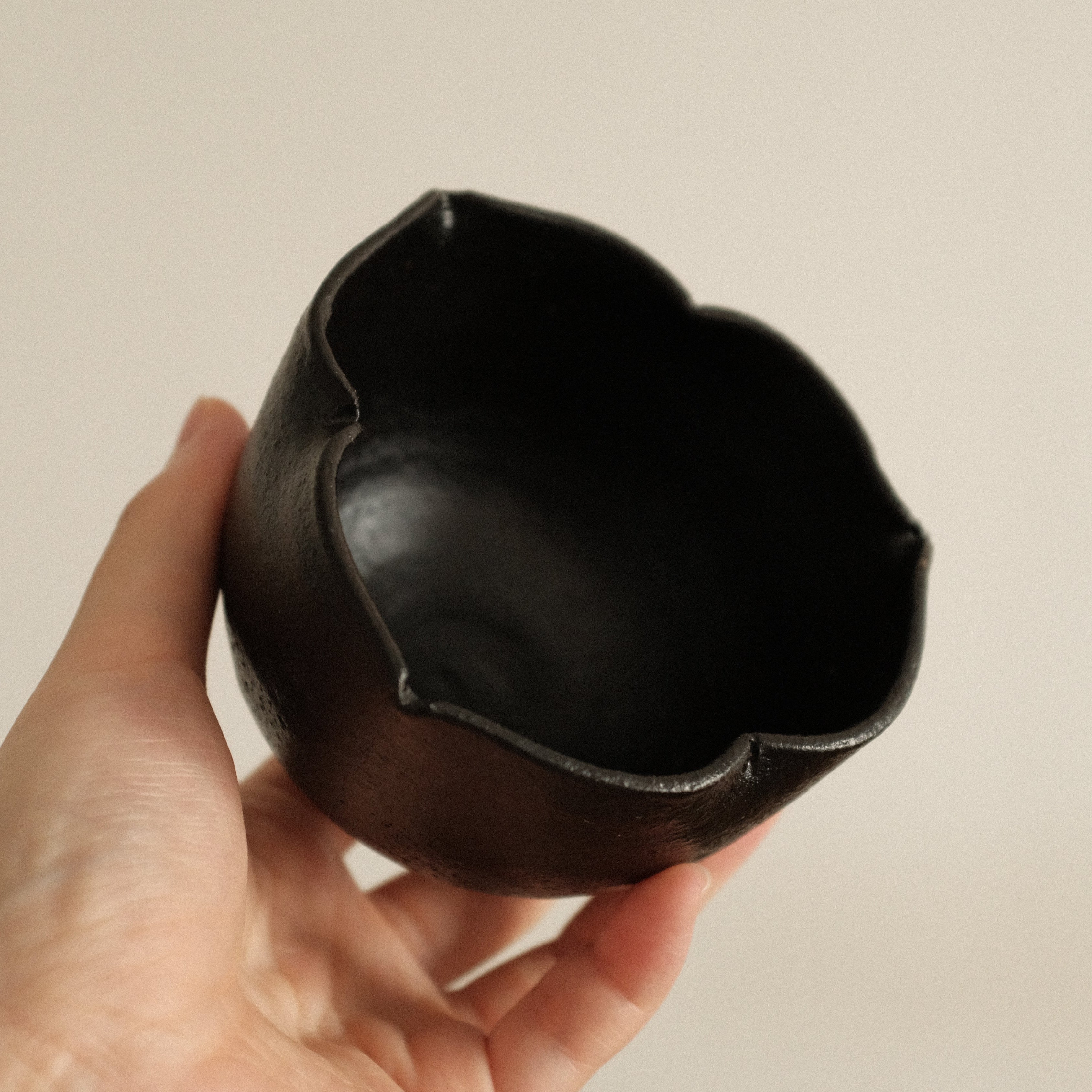 Yuli Handmade Ebony Black Three Petals Floral Rim Cup Black Glaze Underglazed Stoneware