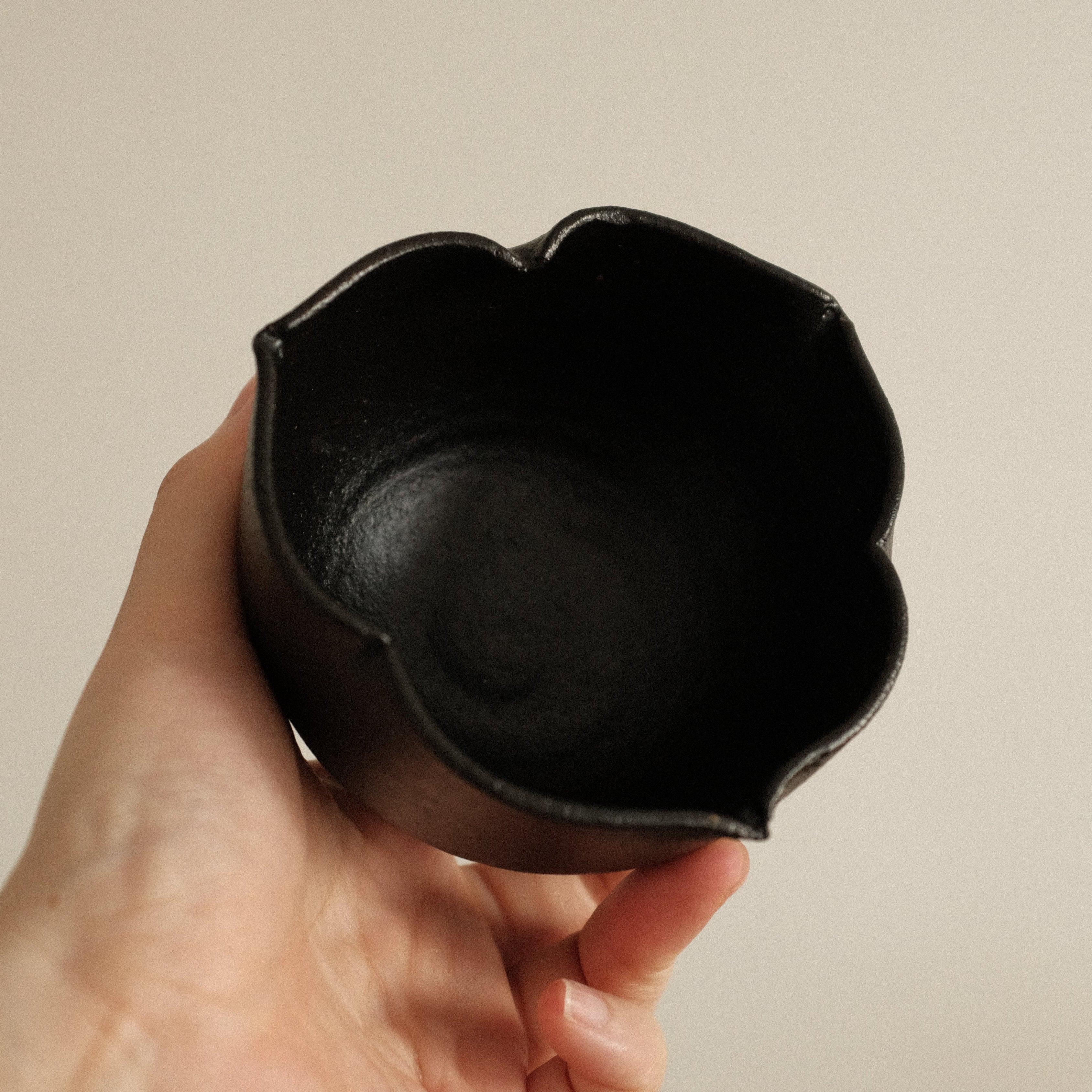 Yuli Handmade Ebony Black Three Petals Floral Rim Cup Black Glaze Underglazed Stoneware
