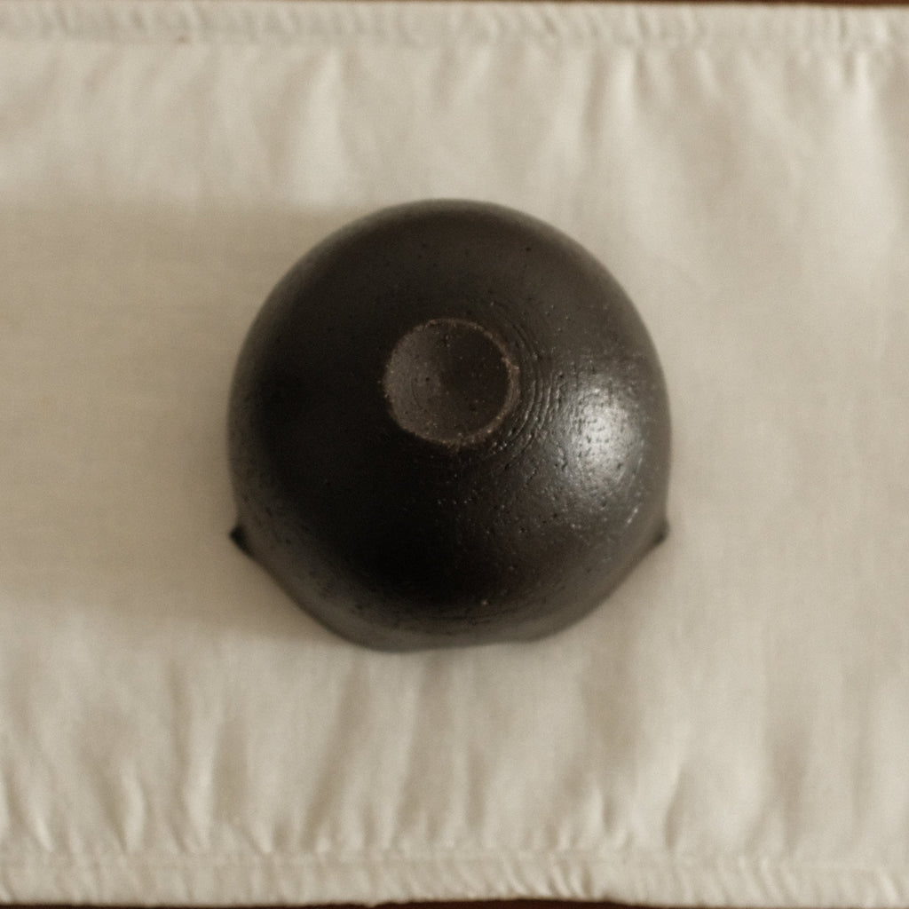 Yuli Handmade Ebony Black Three Petals Floral Rim Cup Black Glaze Underglazed Stoneware