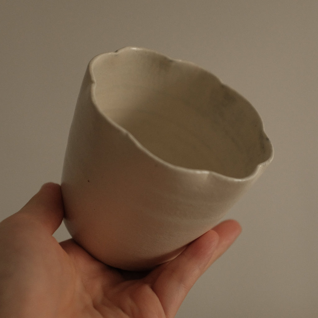 Yuli Handmade Snow White Floral Rim Choko Cup Powdered Glaze Underglazed Stoneware