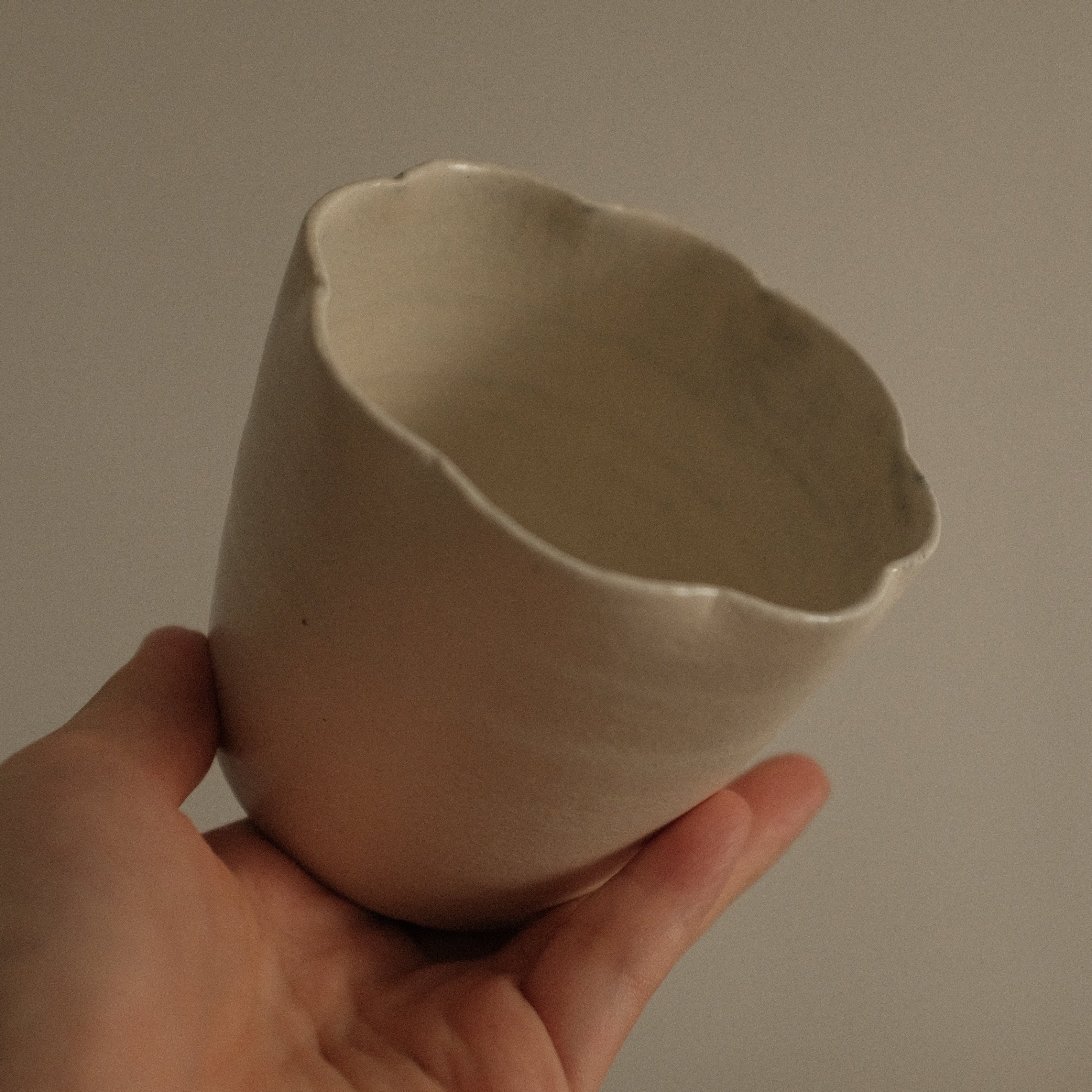 Yuli Handmade Snow White Floral Rim Choko Cup Powdered Glaze Underglazed Stoneware