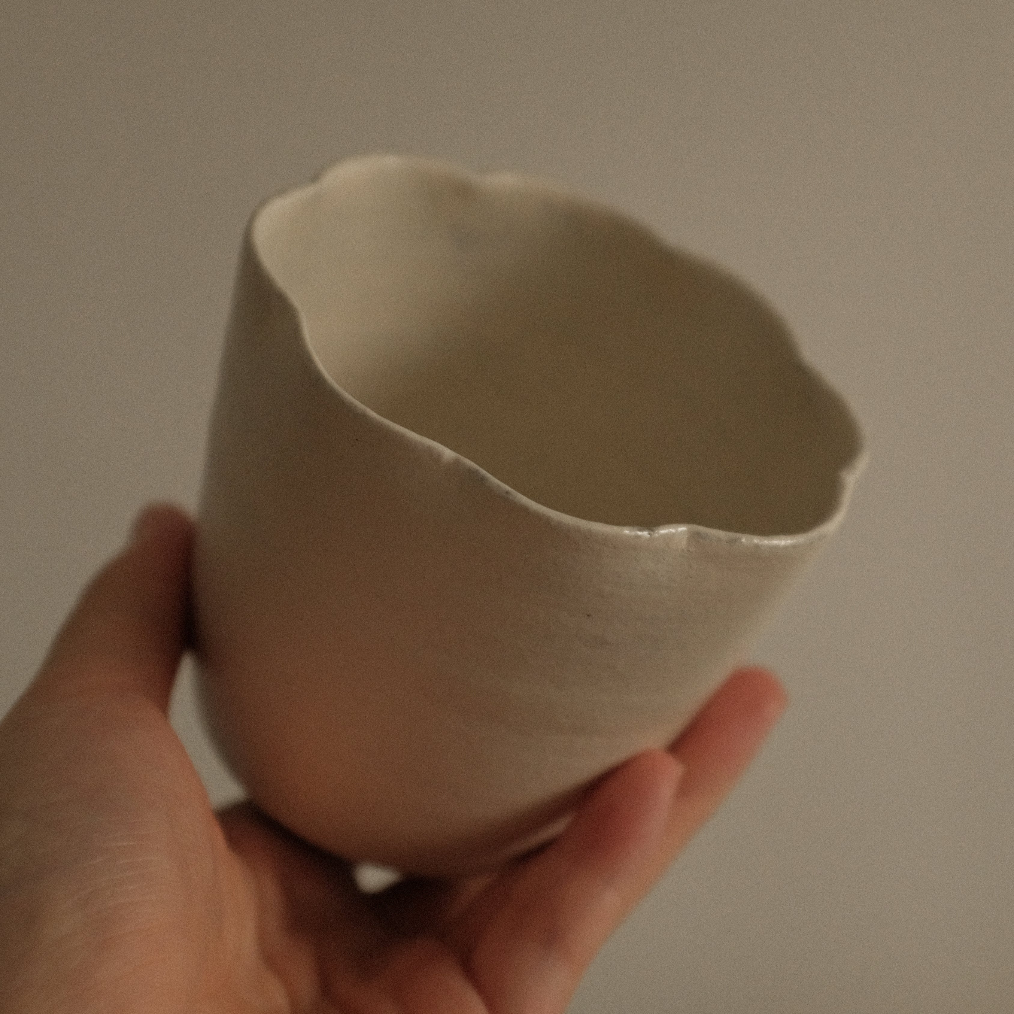 Yuli Handmade Snow White Floral Rim Choko Cup Powdered Glaze Underglazed Stoneware