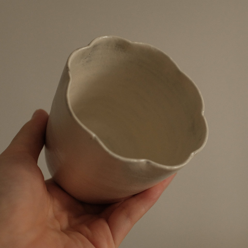 Yuli Handmade Snow White Floral Rim Choko Cup Powdered Glaze Underglazed Stoneware