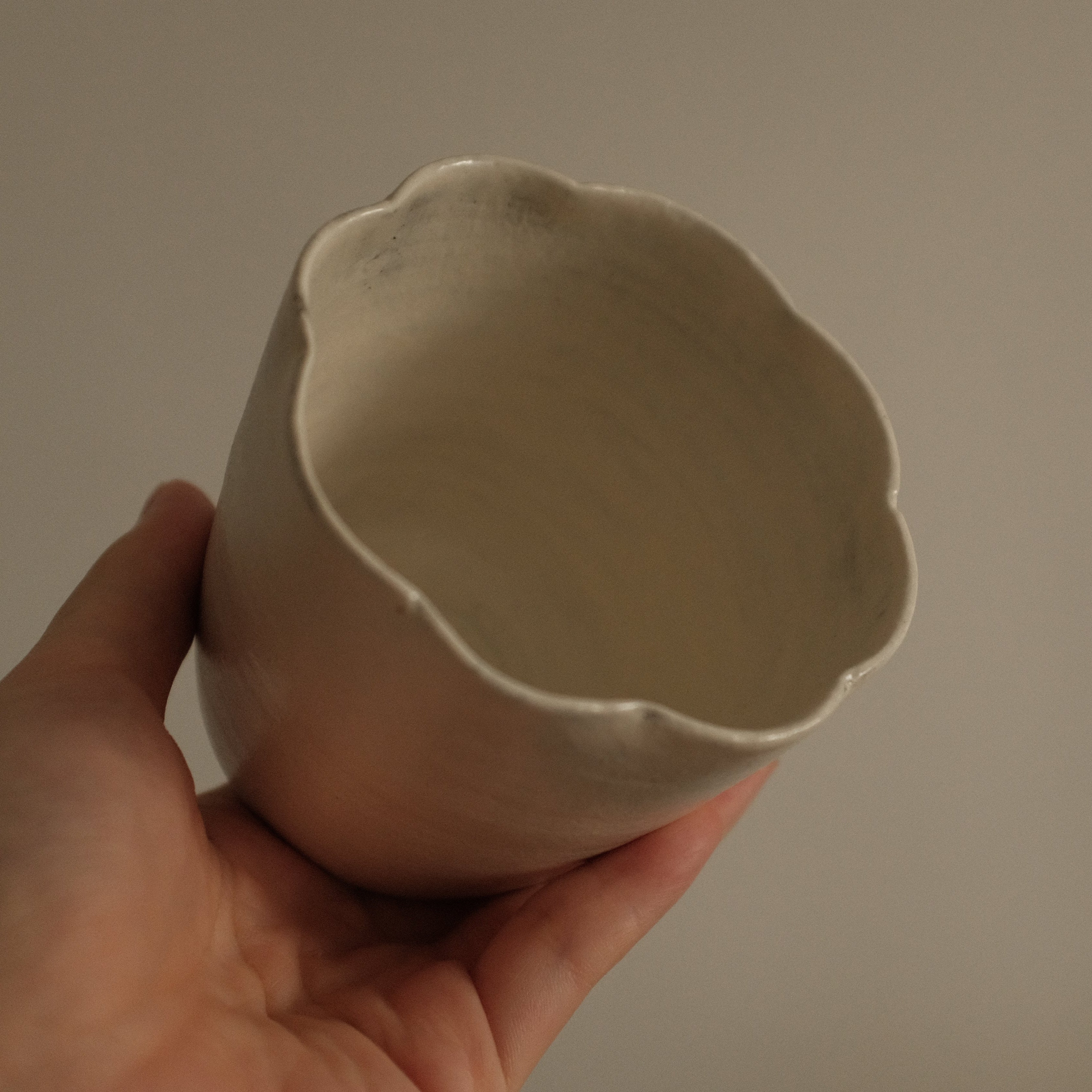 Yuli Handmade Snow White Floral Rim Choko Cup Powdered Glaze Underglazed Stoneware