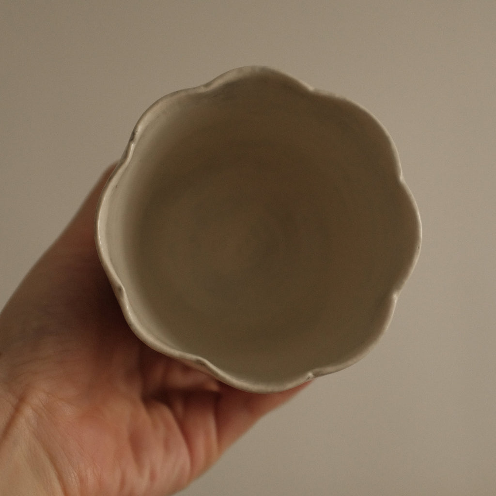 Yuli Handmade Snow White Floral Rim Choko Cup Powdered Glaze Underglazed Stoneware