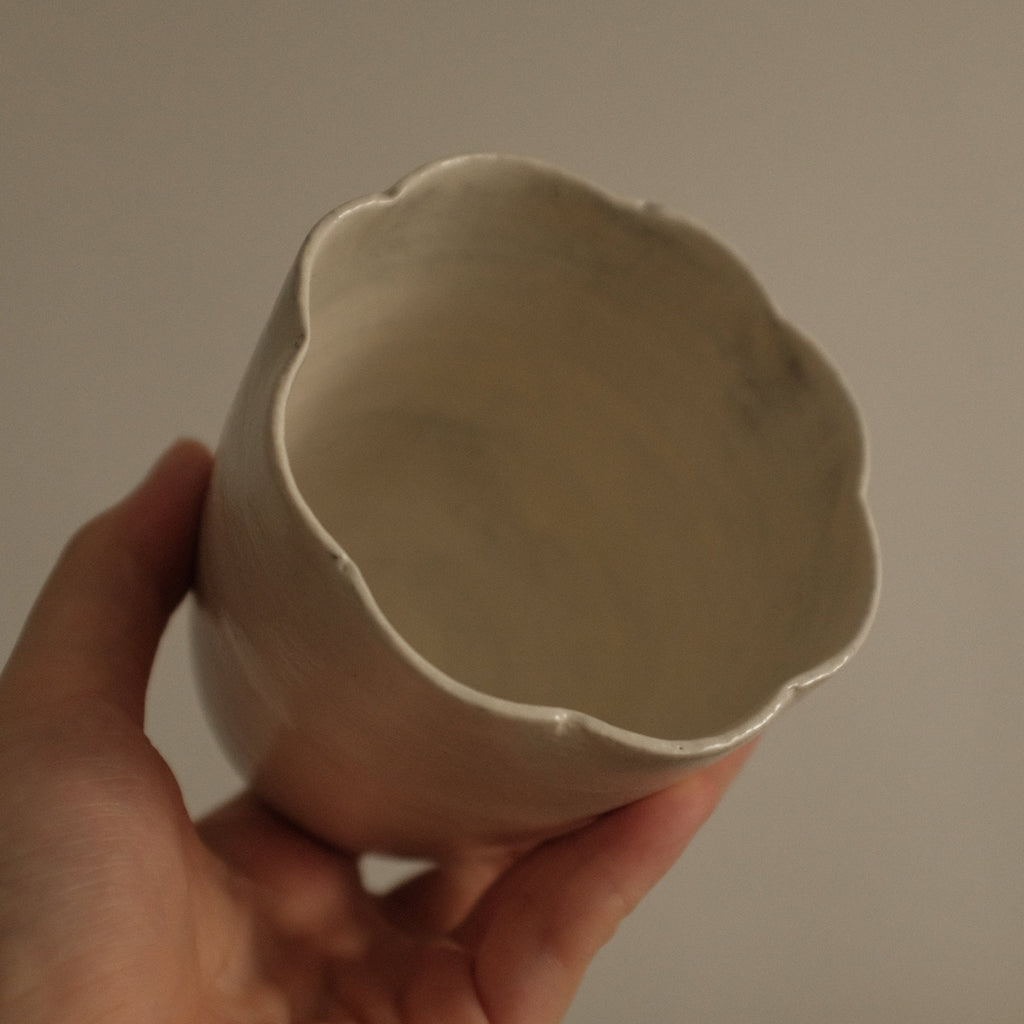 Yuli Handmade Snow White Floral Rim Choko Cup Powdered Glaze Underglazed Stoneware