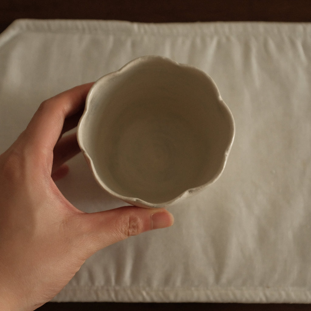 Yuli Handmade Snow White Floral Rim Choko Cup Powdered Glaze Underglazed Stoneware