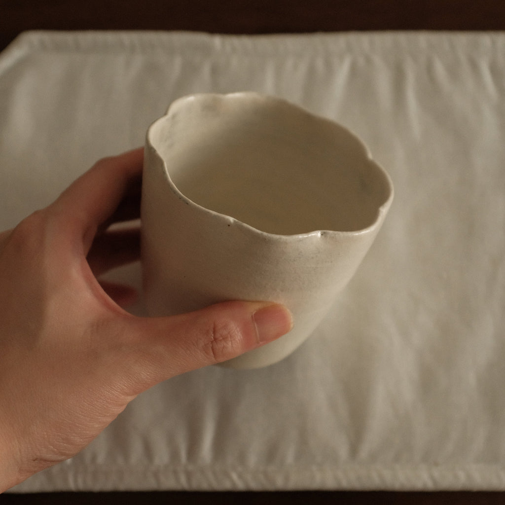 Yuli Handmade Snow White Floral Rim Choko Cup Powdered Glaze Underglazed Stoneware