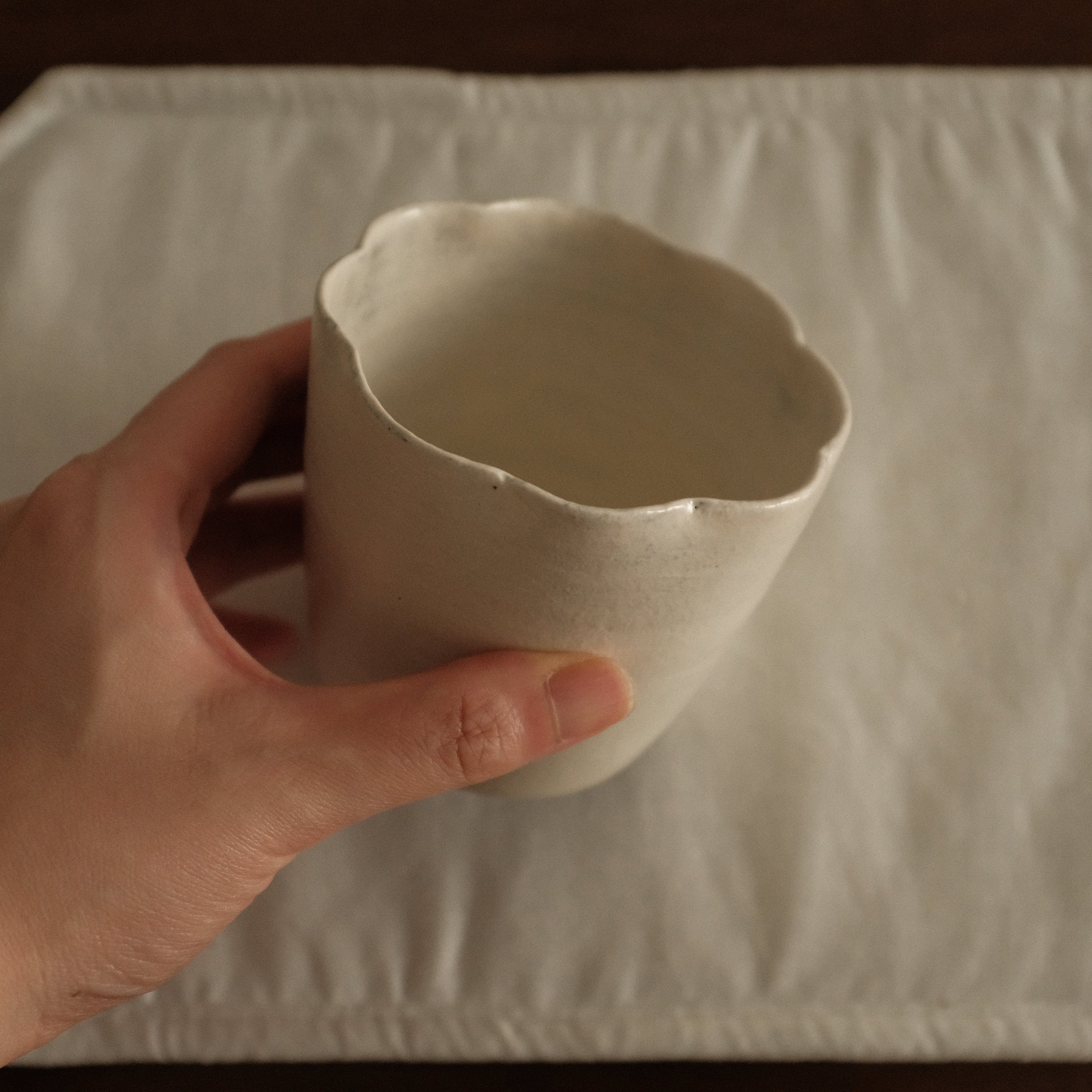 Yuli Handmade Snow White Floral Rim Choko Cup Powdered Glaze Underglazed Stoneware